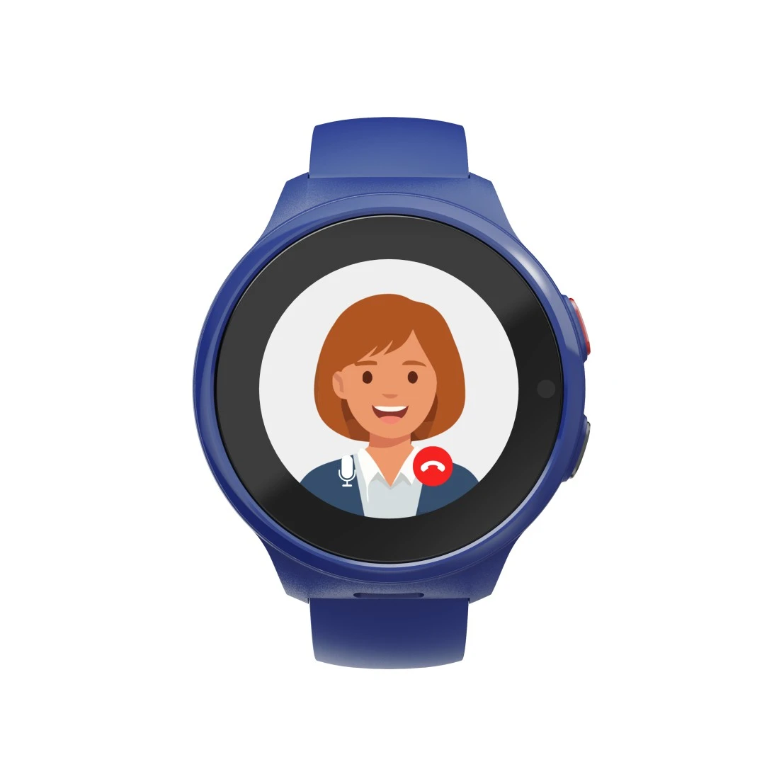 Niebieski smartwatch wyświetla portret kobiety z rudymi włosami na wideo.