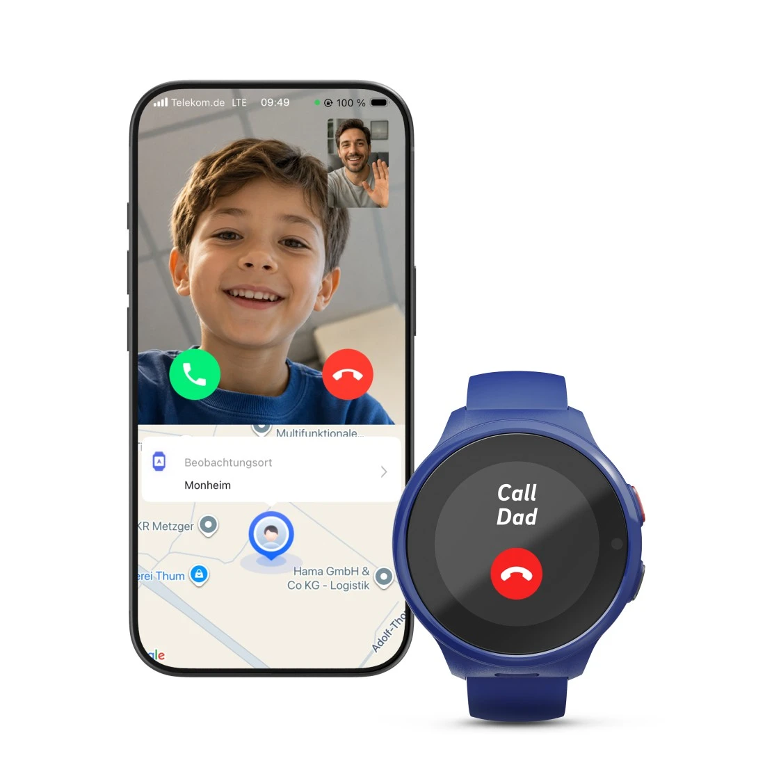 Smartfon pokazuje rozmowę wideo z chłopcem; smartwatch wyświetla połączenie przychodzące.