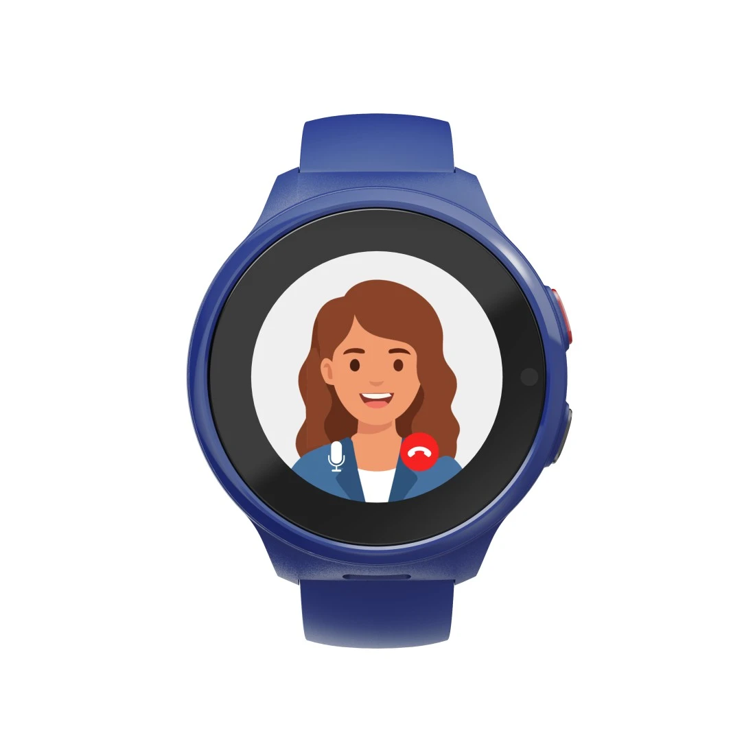 Niebieski smartwatch wyświetla okno rozmowy wideo z uśmiechniętą kobietą.