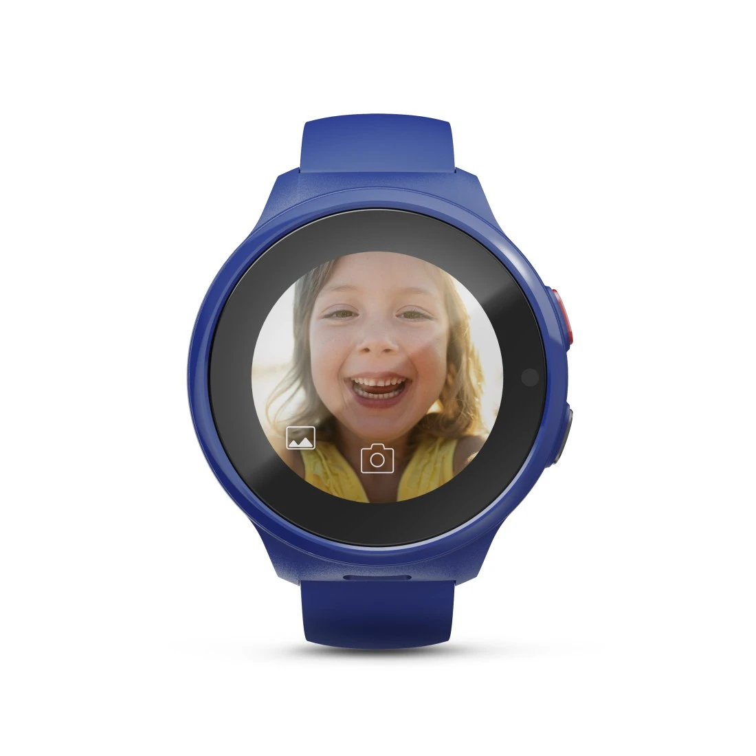 Niebieski smartwatch pokazuje uśmiechniętą dziewczynkę, przód z ikoną aparatu.