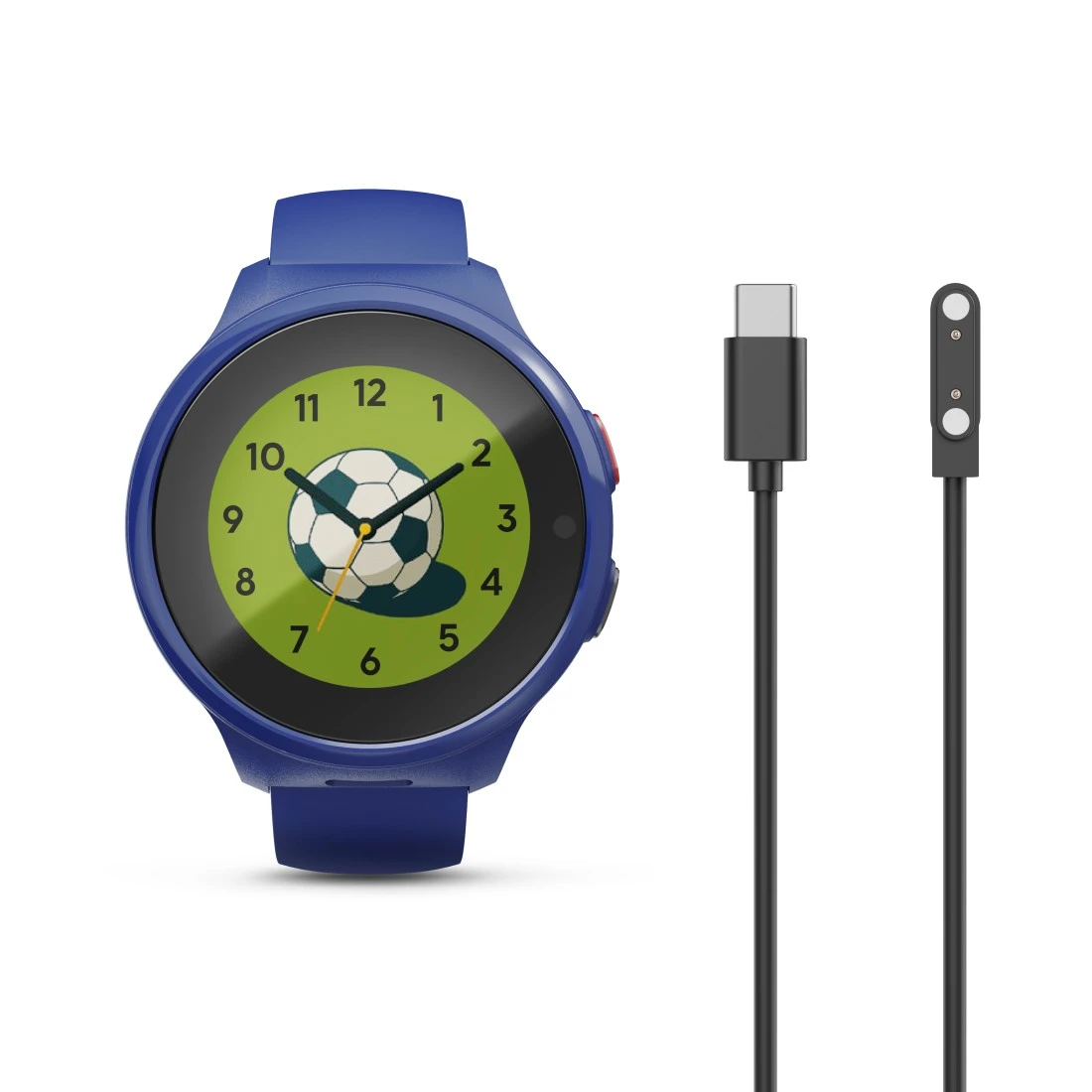 Niebieski smartwatch z tarczą piłkarską i kablami ładującymi.
