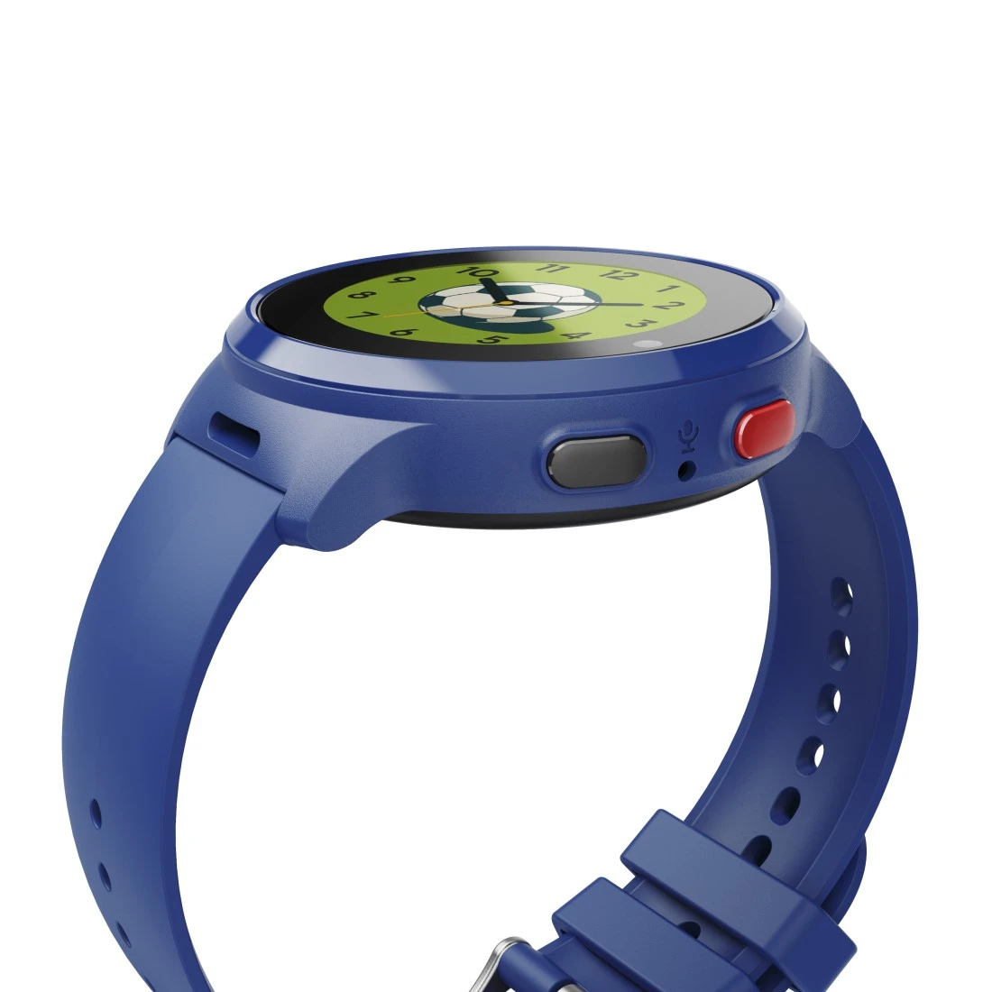 Niebieski smartwatch z tarczą piłkarską i czerwonymi/szarymi przyciskami na białym tle.