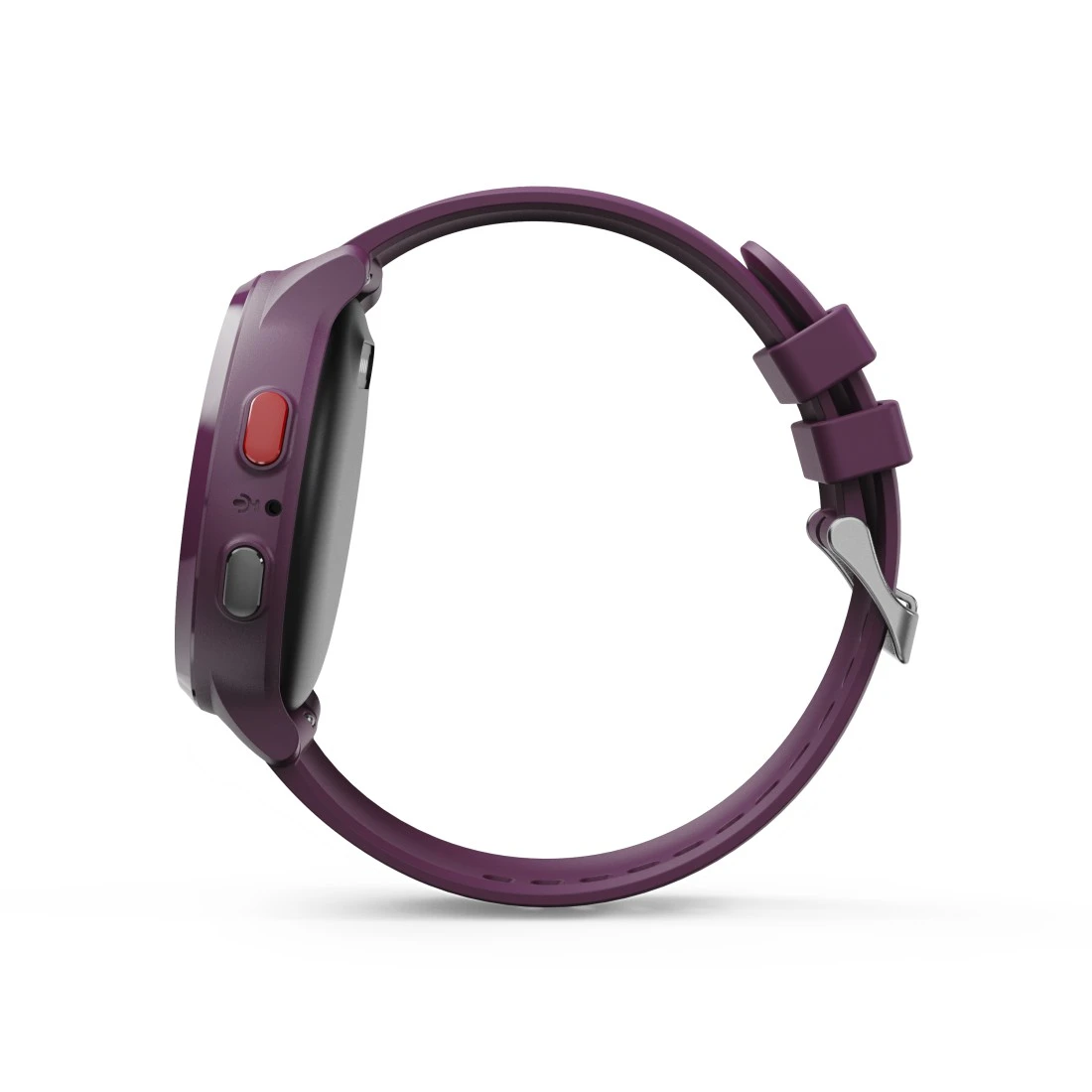 Fioletowy smartwatch w widoku z boku, z czerwonymi i szarymi przyciskami.
