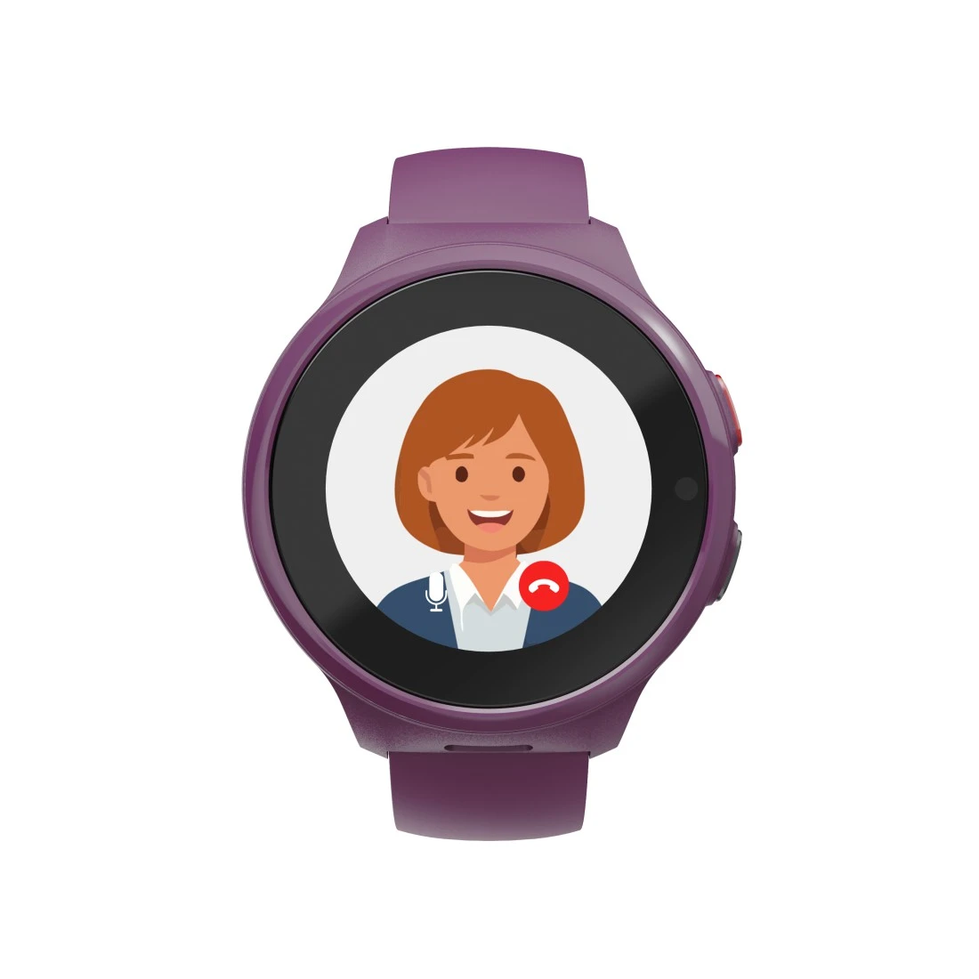 Fioletowy smartwatch wyświetla okno rozmowy wideo z kobietą i czerwoną słuchawką