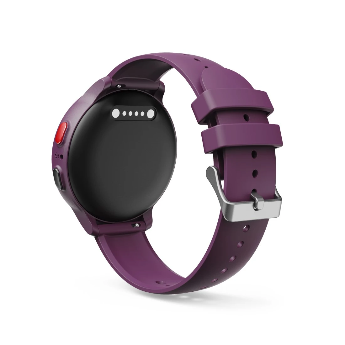 Fioletowy smartwatch z czarną tarczą i czerwonym przyciskiem.