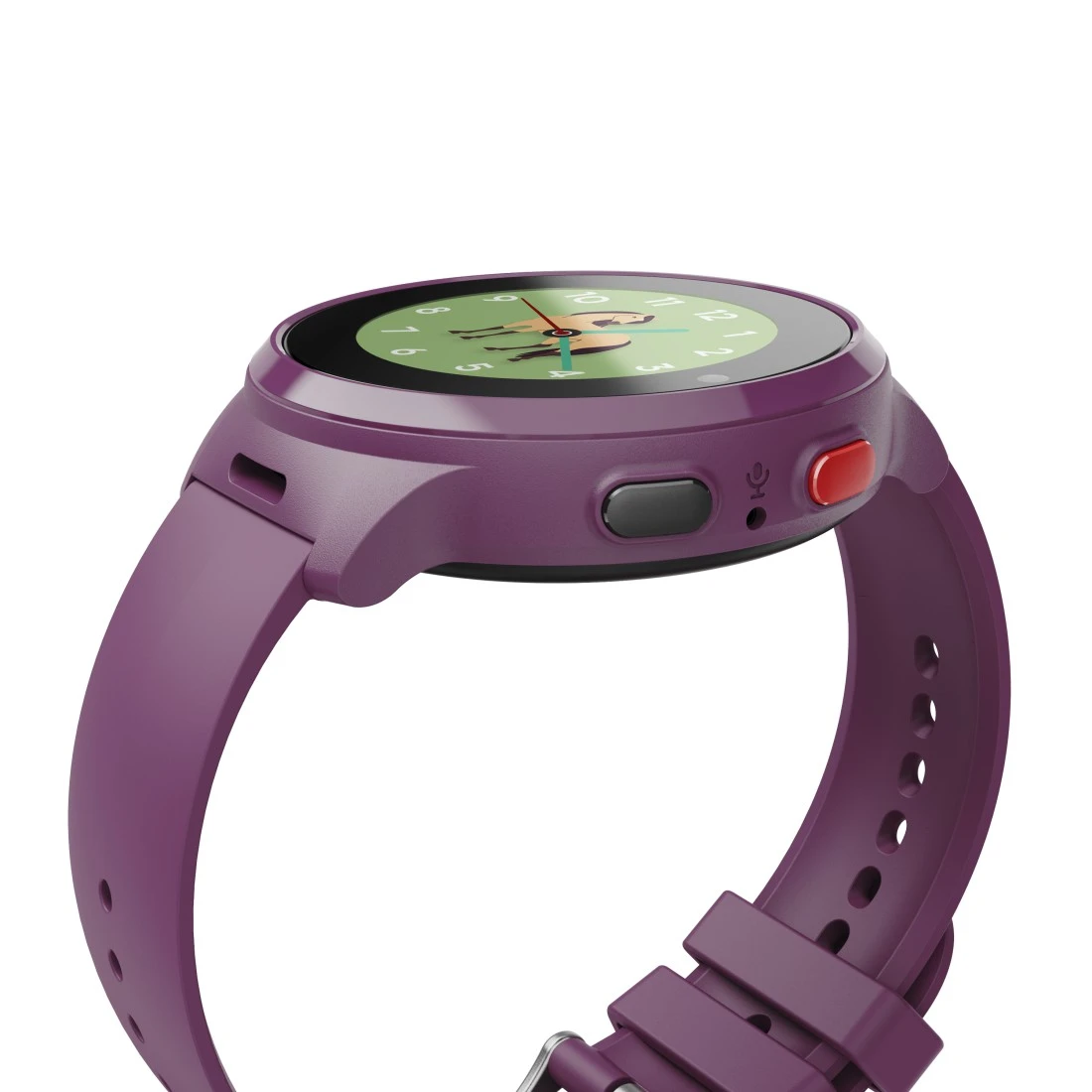 Fioletowy smartwatch z okrągłą tarczą pokazującą grafikę konia.