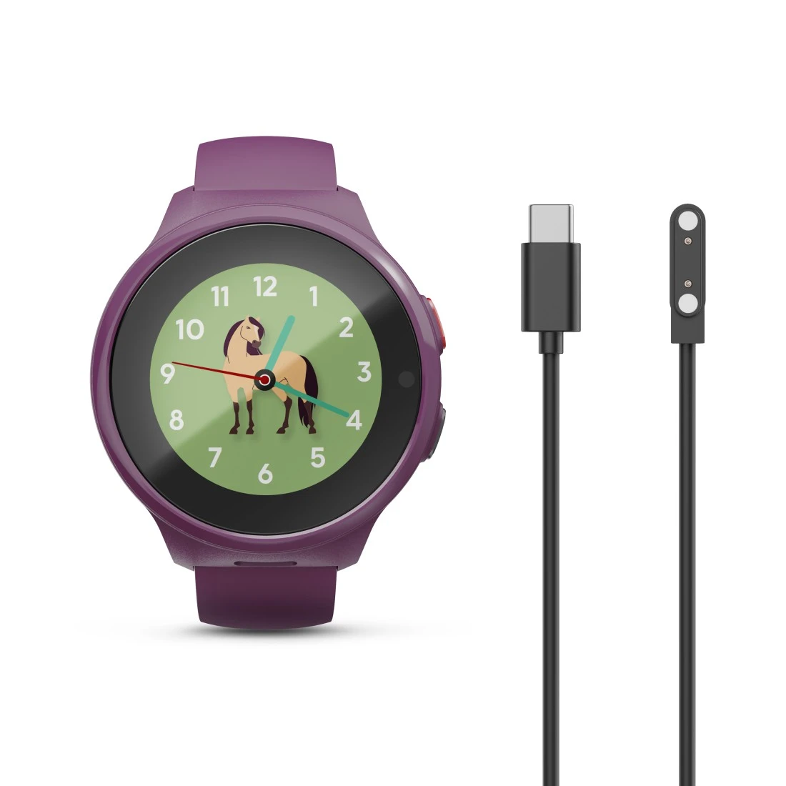Fioletowy smartwatch z tarczą konia, kablem USB-C i kablem ładującym.