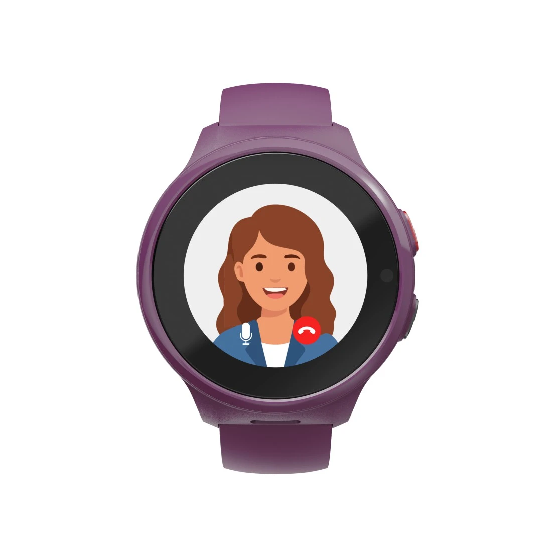 Fioletowy smartwatch wyświetla rozmowę wideo kobiety z ikonami mikrofonu i zakończenia.