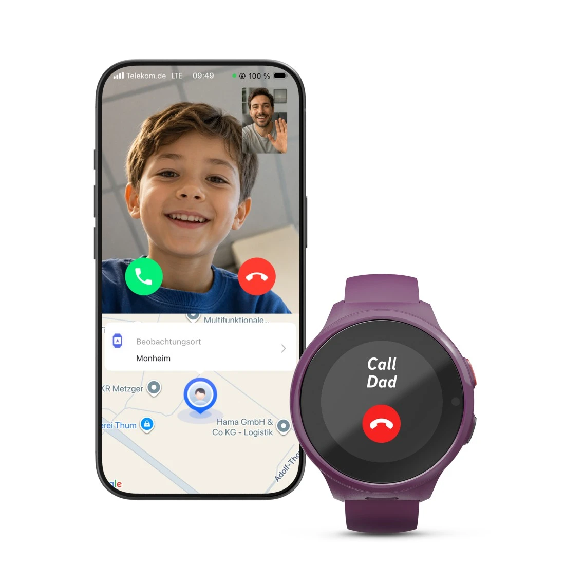 Chłopiec i mężczyzna na wideorozmowie; smartwatch pokazuje 'Zadzwoń do taty'.