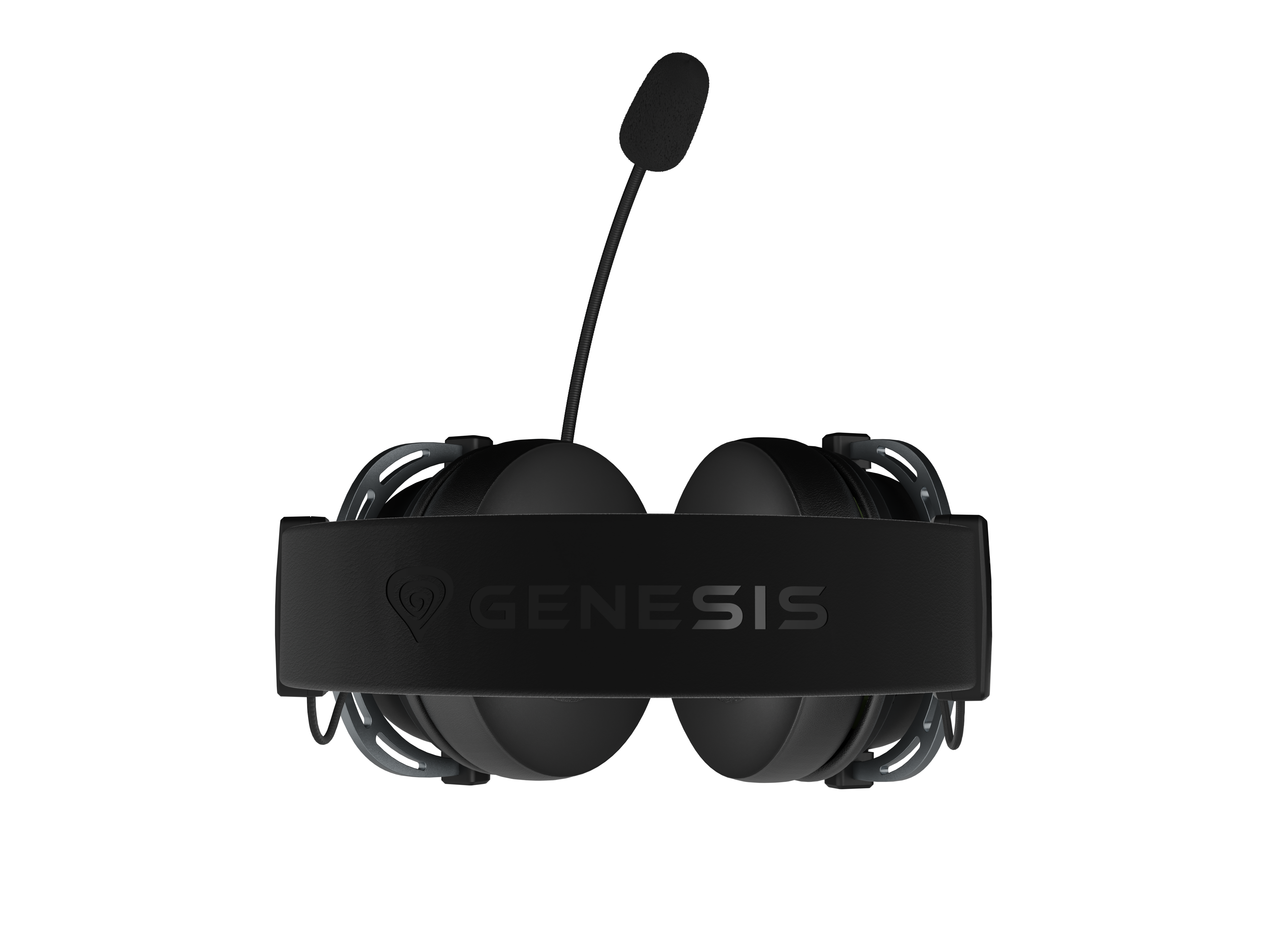 Czarne słuchawki gamingowe z mikrofonem i logo Genesis.
