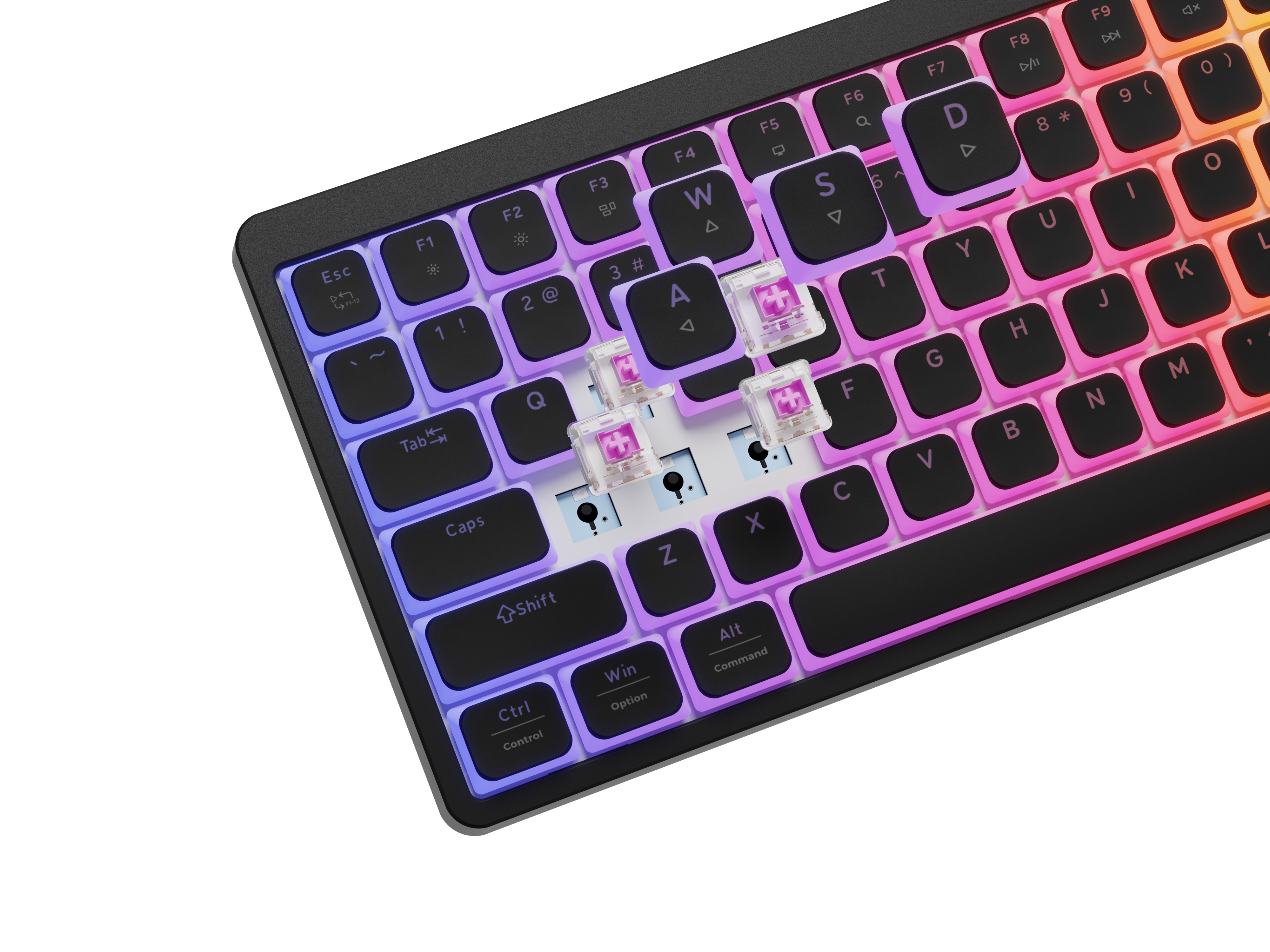 Klawiatura z podświetleniem RGB i zdjętymi klawiszami pokazuje przezroczyste przełączniki.