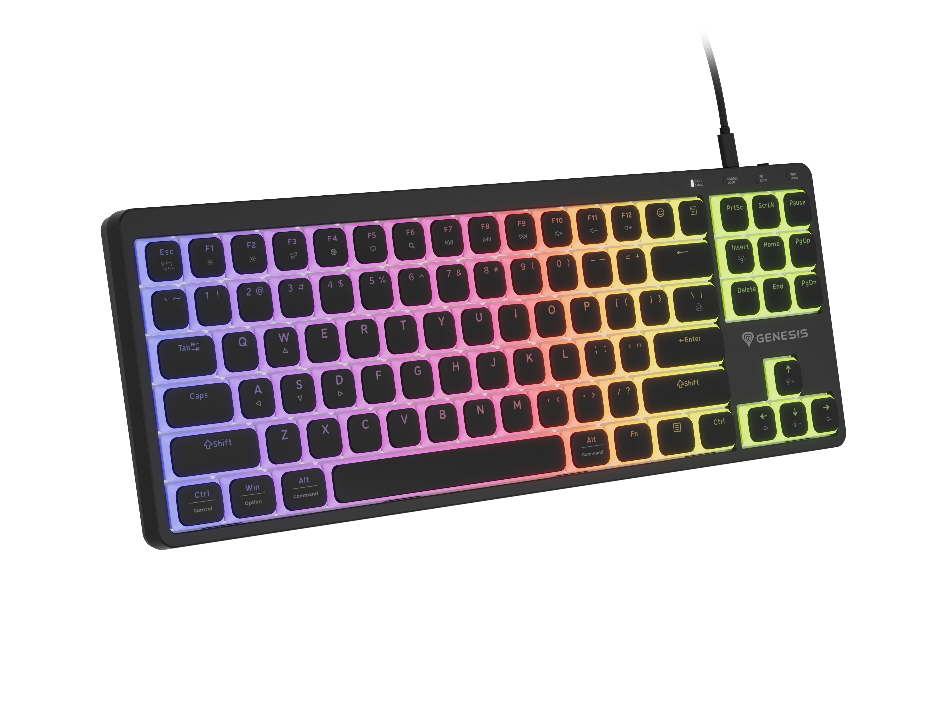 Czarna klawiatura z kolorowym podświetleniem RGB, zbliżenie.