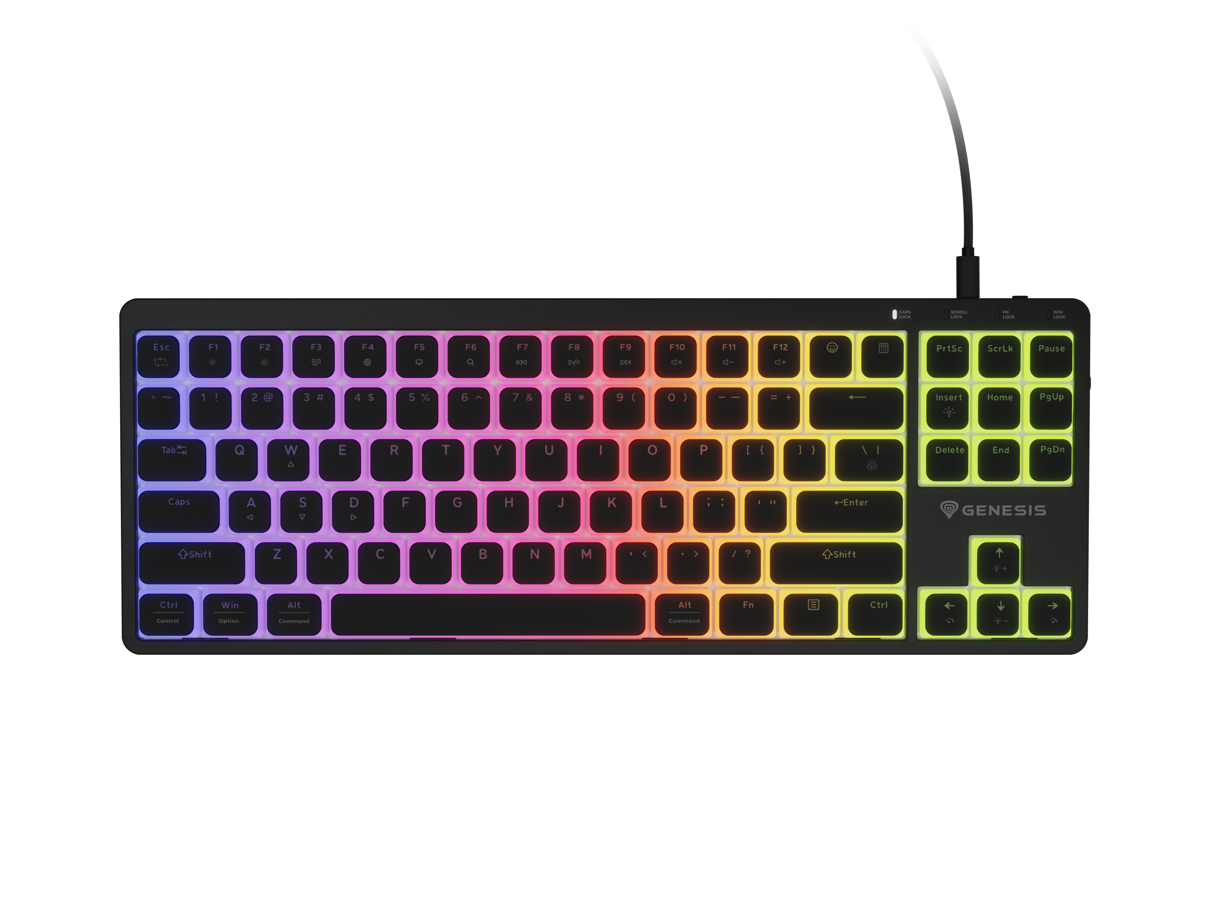 Czarna klawiatura z podświetlanymi klawiszami RGB w gradacji od niebieskiego do żółtego.