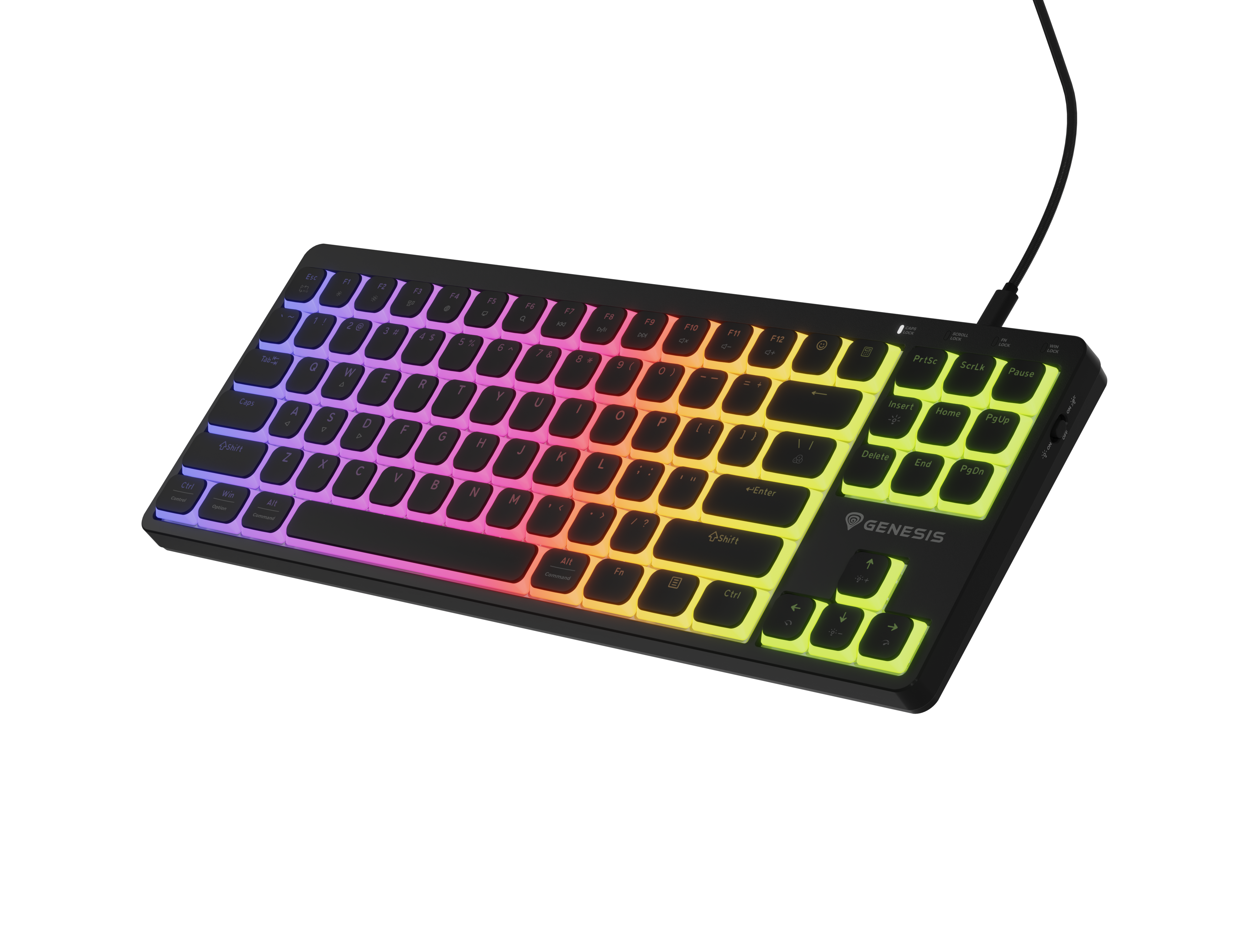Czarna klawiatura z podświetleniem RGB w tęczowych kolorach.