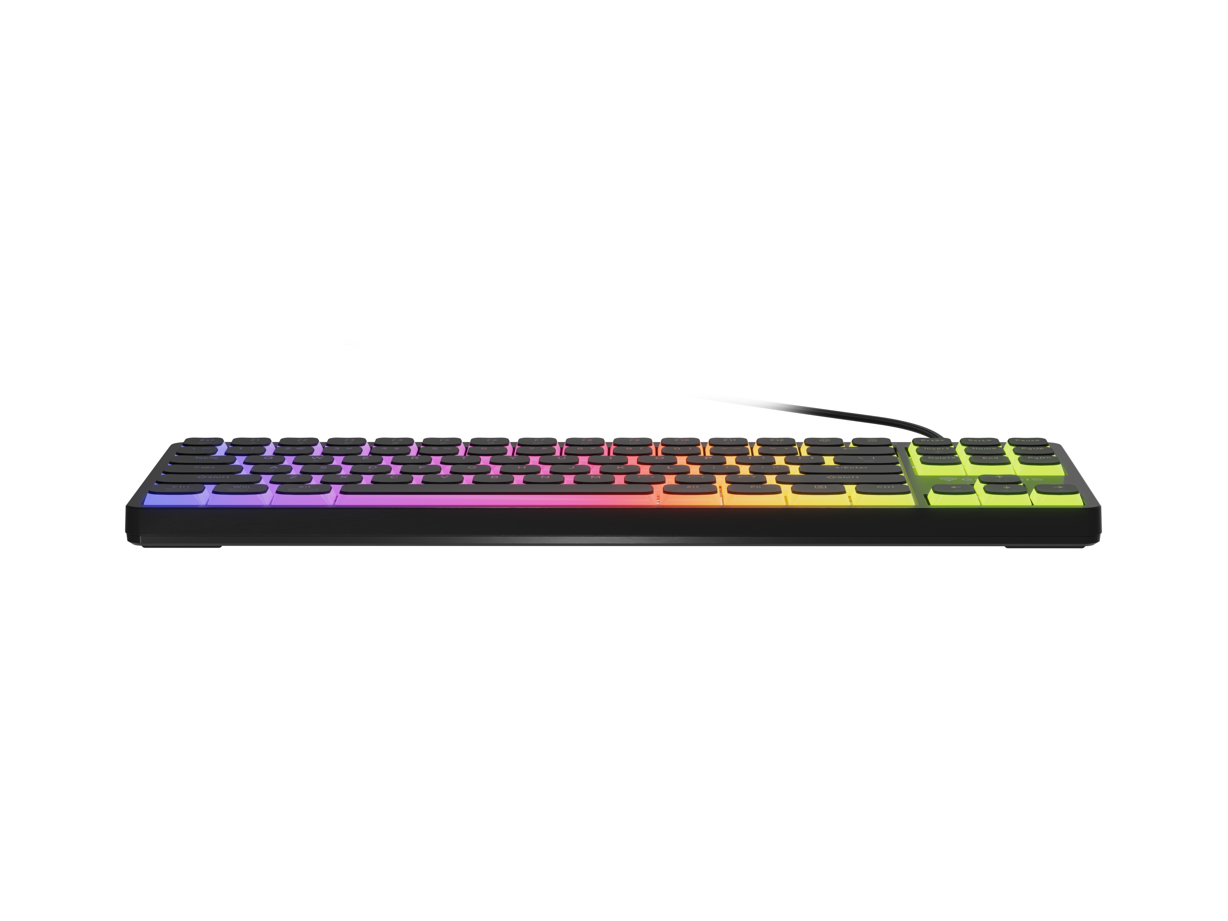 Czarna klawiatura z kolorowymi klawiszami RGB, na czarnym tle.