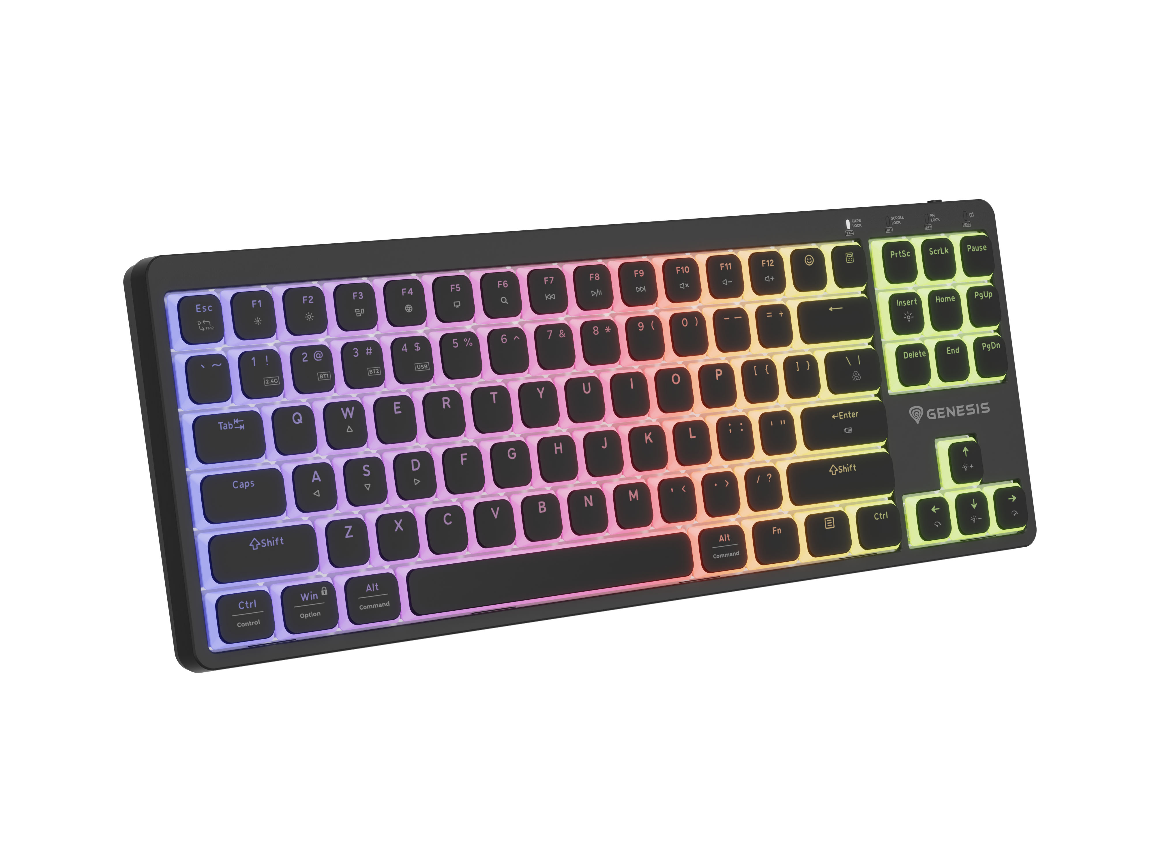 Czarna klawiatura z podświetleniem RGB, nachylona od góry po prawej do dołu.