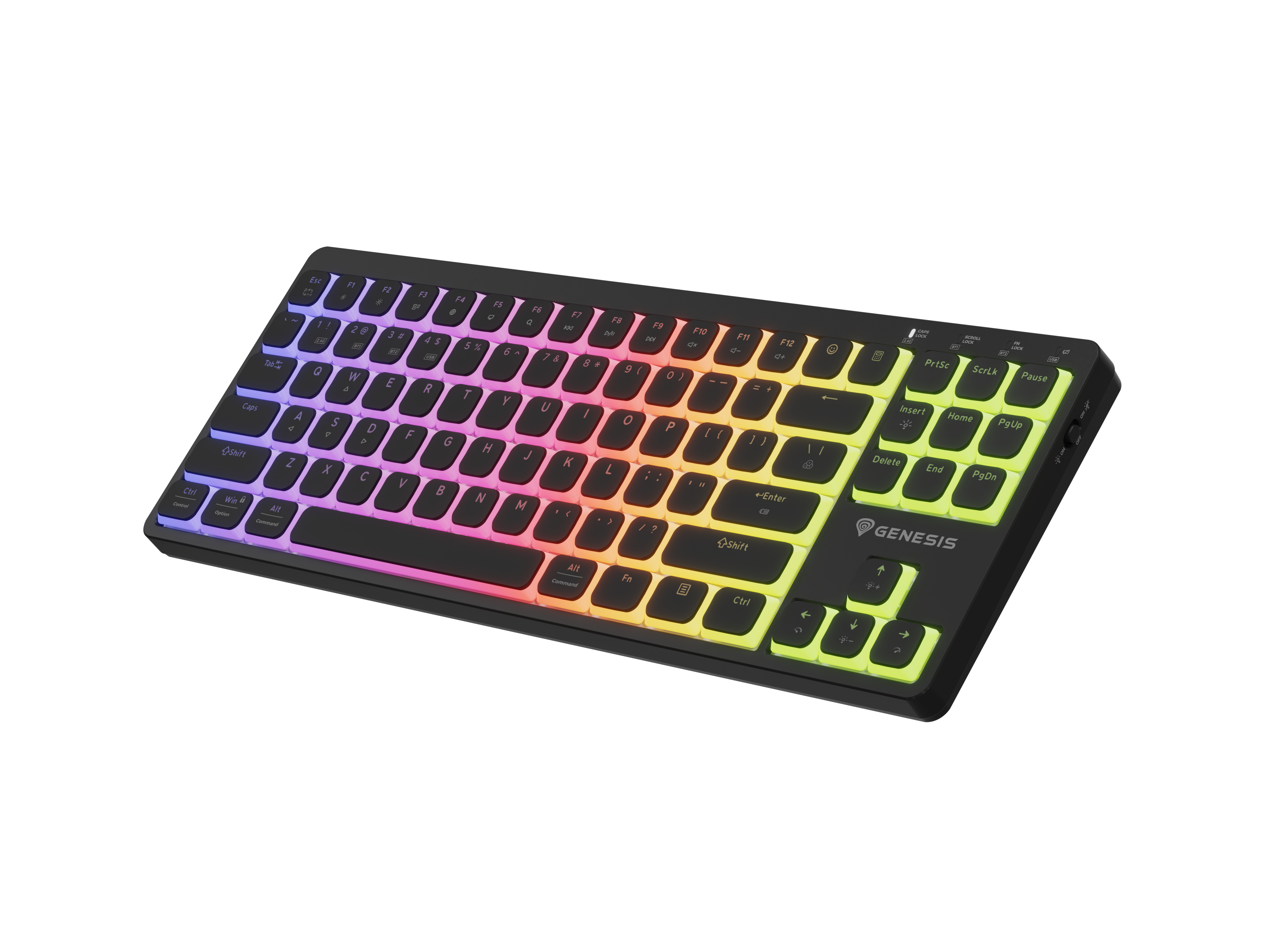Czarna klawiatura z podświetleniem RGB na klawiszach, na czarnym tle.