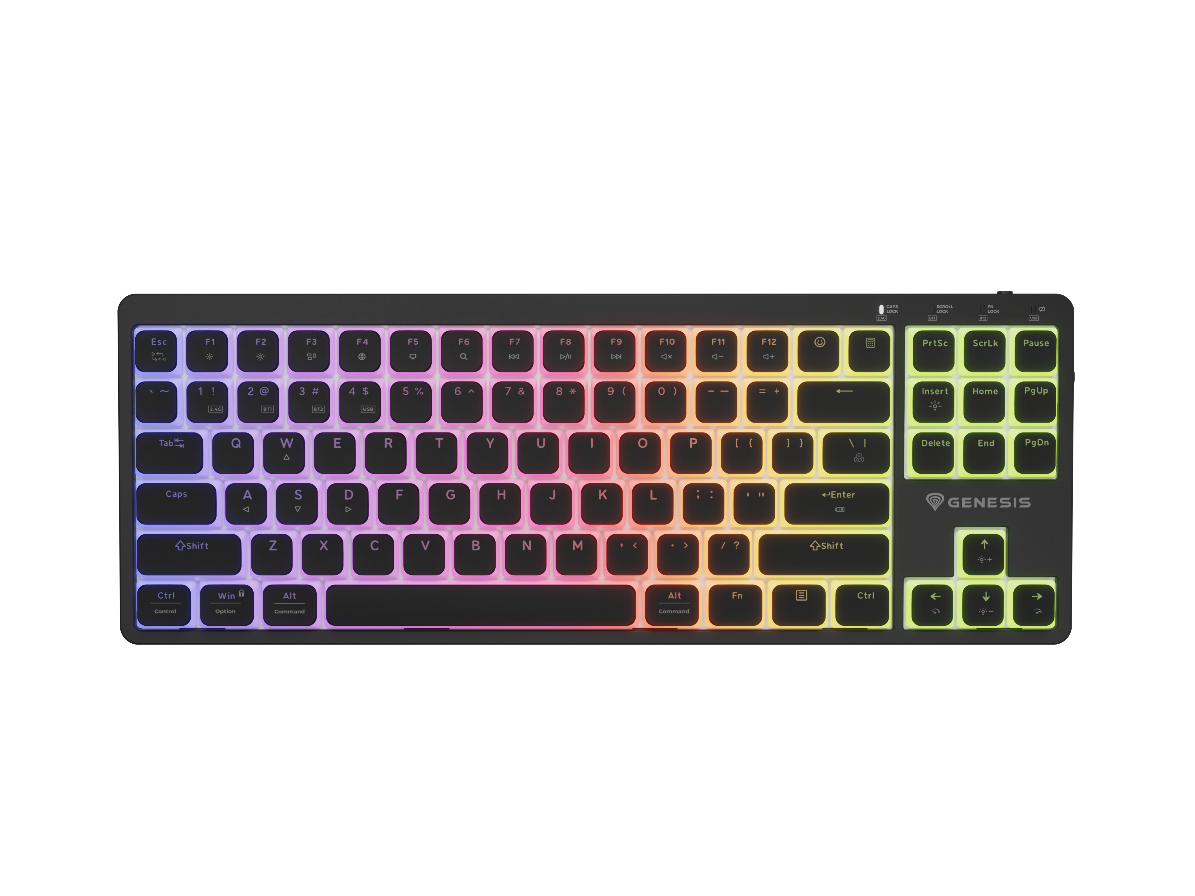Klawiatura w kolorze czarnym z podświetleniem RGB, widoczna na czarnym tle.