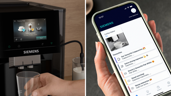 Siemens kahve makinesi dokunmatik ekranlı ve Siemens uygulamasını gösteren bir akıllı telefon.