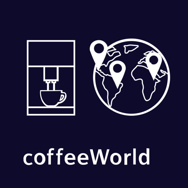 Fincanlı kahve makinesi, raptiyeli dünya küresi ve 'coffeeWorld' yazısı.