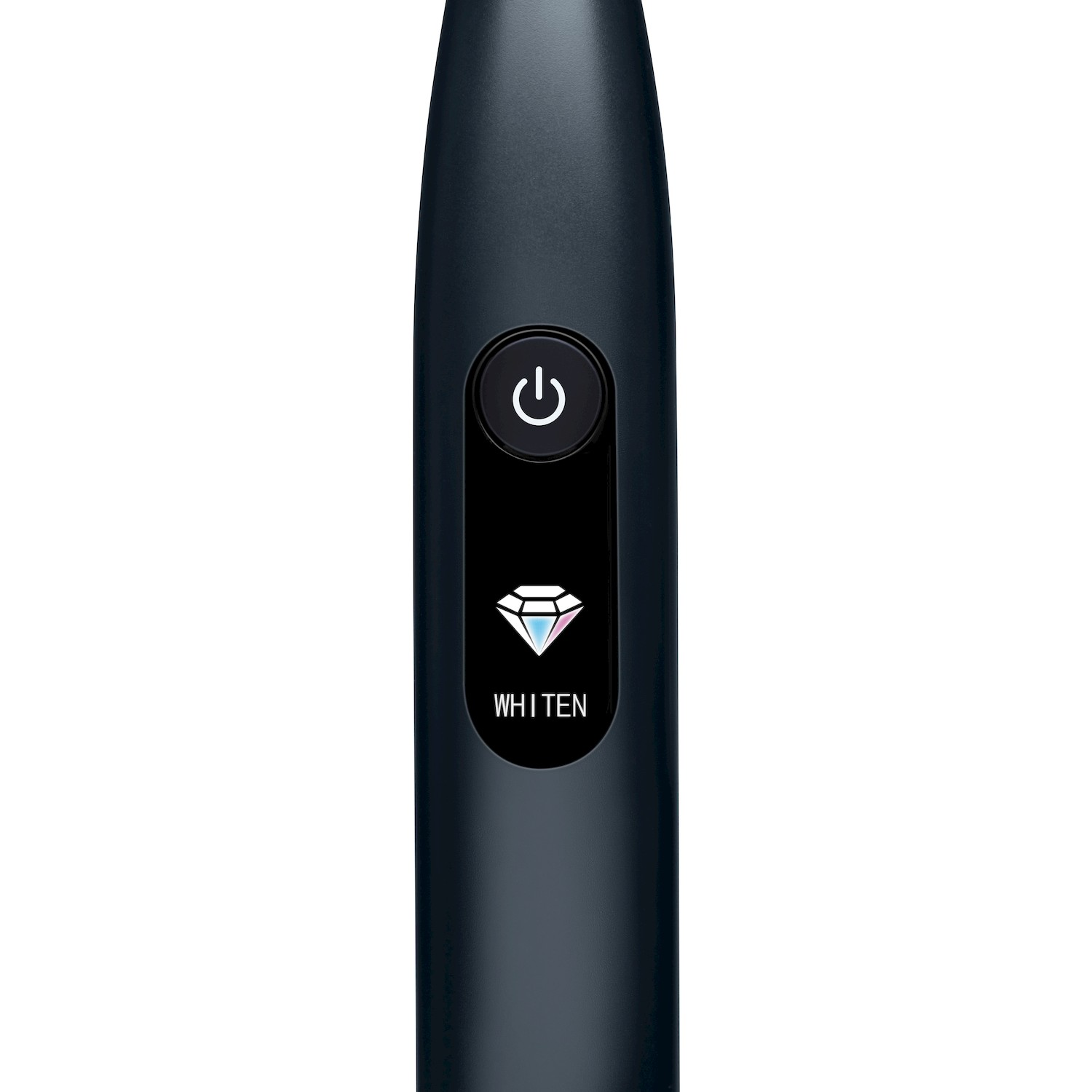 Manico spazzolino elettrico blu scuro con pulsante di accensione e icona diamante.