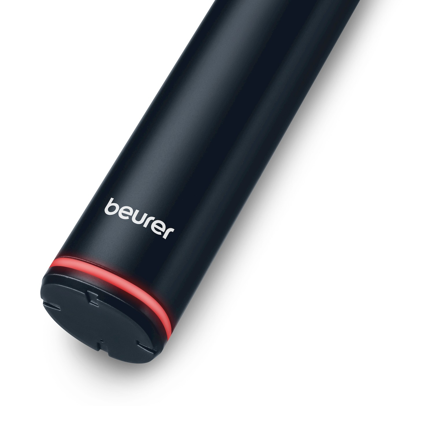 Penna nera con fascia LED rossa in basso e logo.