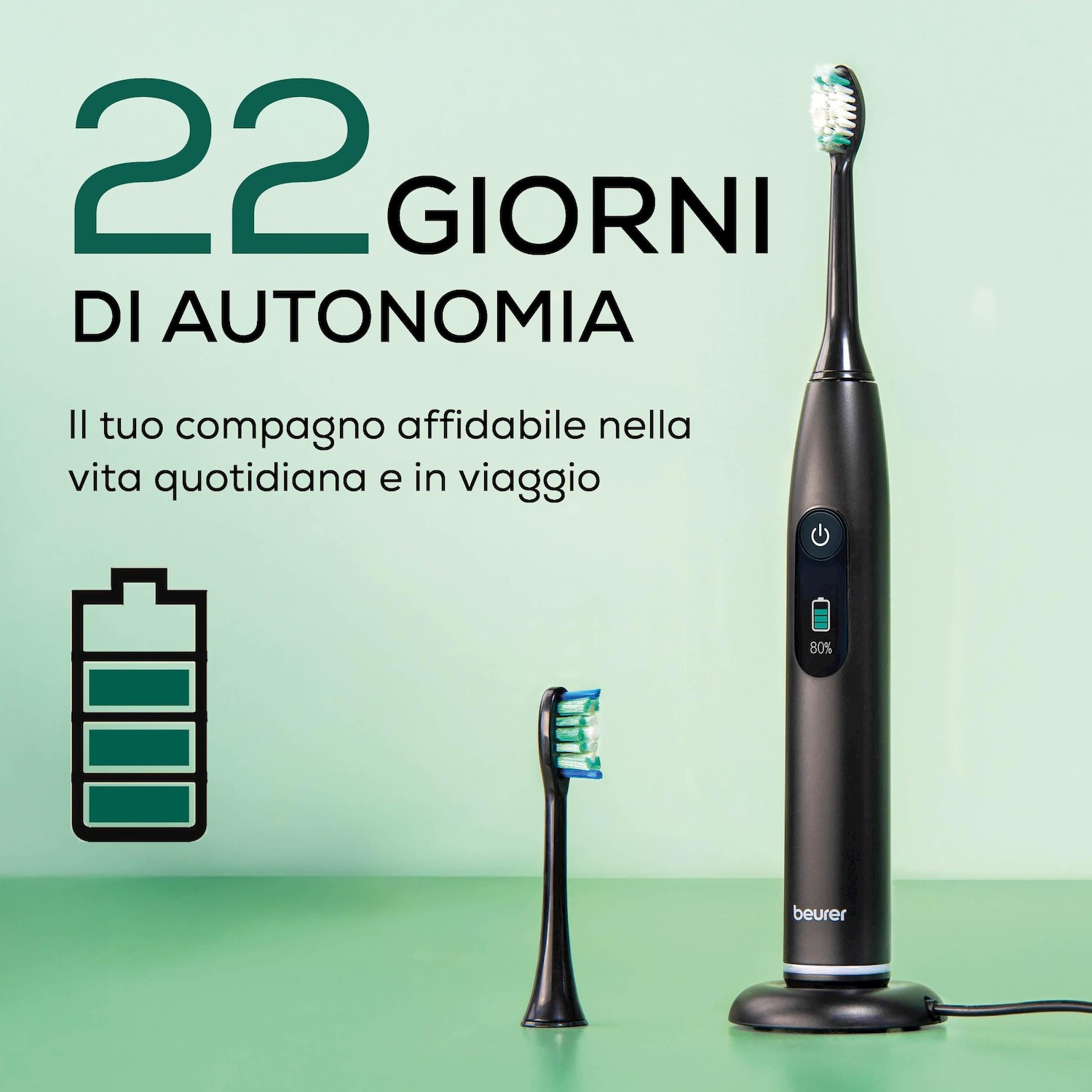 Spazzolino elettrico nero su base, con indicatore batteria 80%.