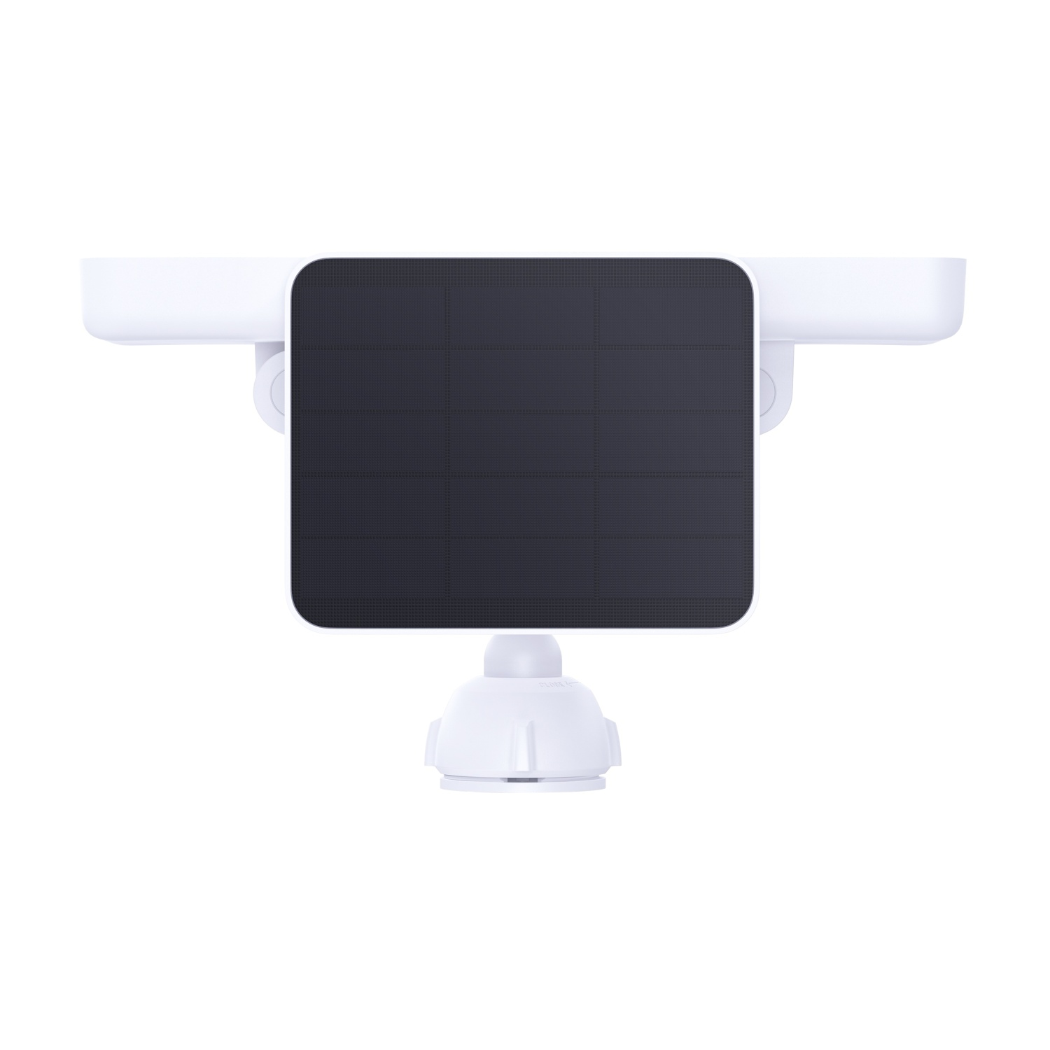 Telecamera di sicurezza bianca con pannello solare e base regolabile.