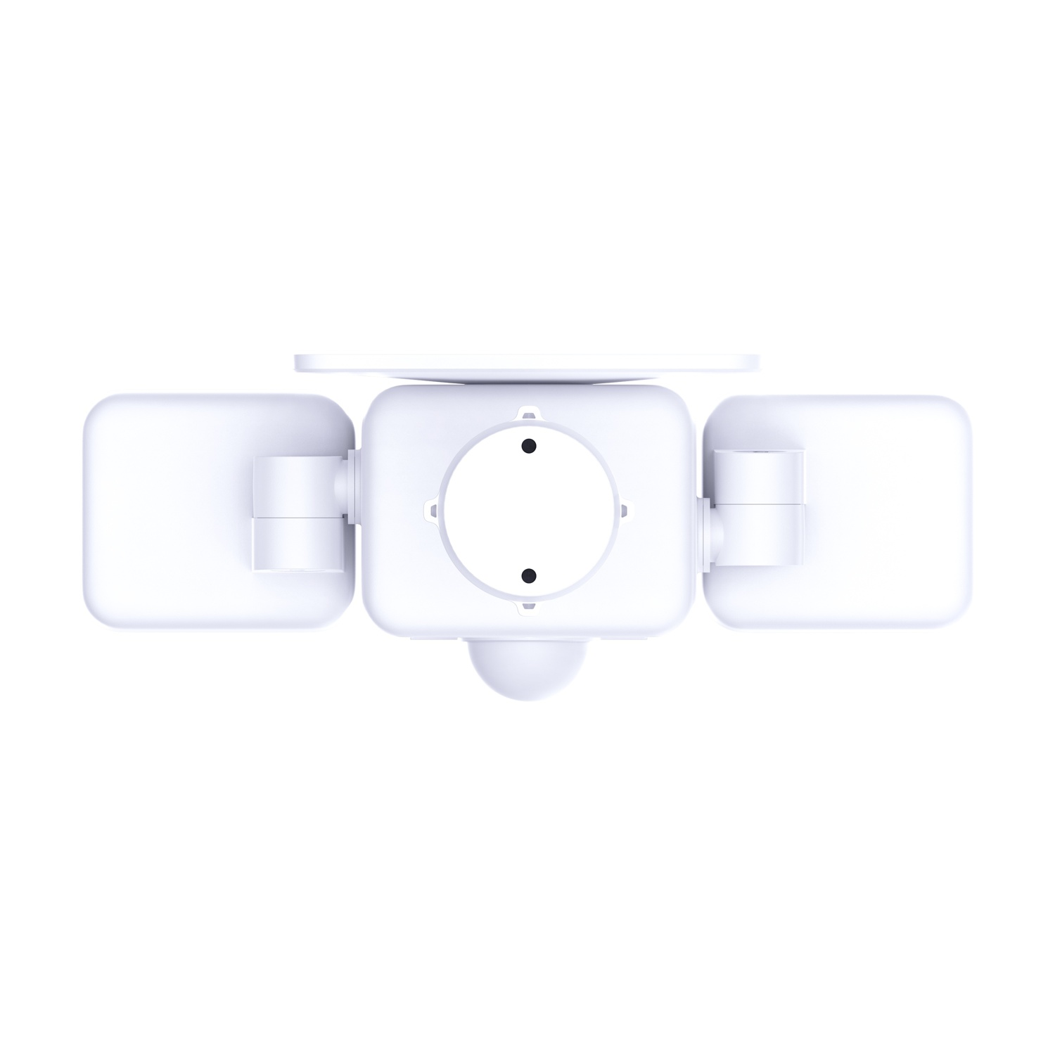 Apparecchio di illuminazione bianco con due faretti e sensore di movimento.