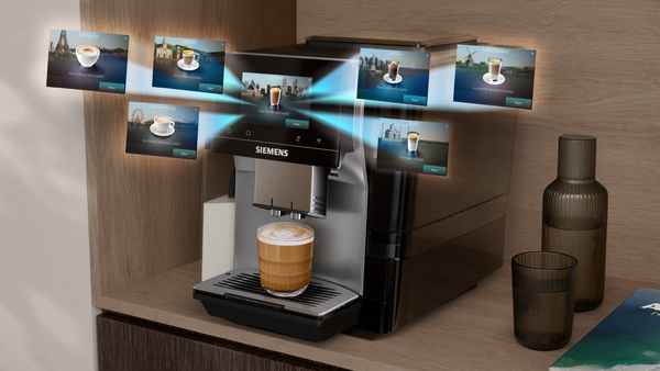 Siemens kahve makinesi, turistik yerler içeren kahve türlerini gösteren dokunmatik ekranlı.
