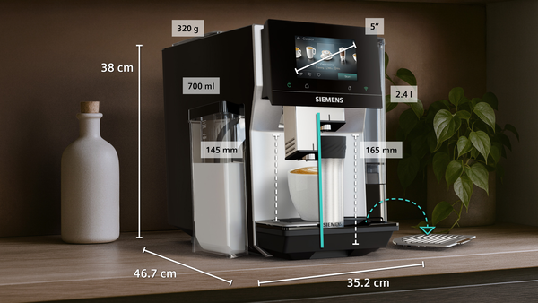 Siemens kahve makinesi, 700ml süt haznesi, 2,4l su tankı, 5" ekran.