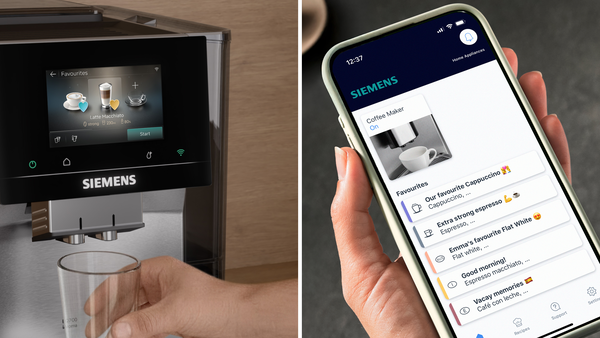 Bir el Siemens kahve makinesi uygulamalı akıllı telefon tutuyor. Yanında bir kahve makinesi var.