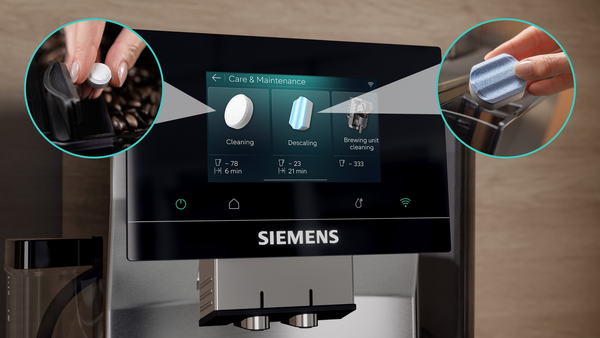 Siemens kahve makinesi Bakım ve Onarım menüsü: Temizlik, Kireç giderme, Ünite temizliği.