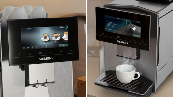 Dokunmatik ekranlı kahve makinesi: Solda espresso seçimi, sağda sıcak su ile fincan ısıtma fonksiyonu.