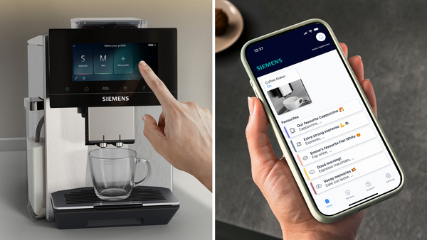 Bir parmak Siemens kahve makinesi ekranına dokunuyor; sağda bir uygulama yüklü akıllı telefon.