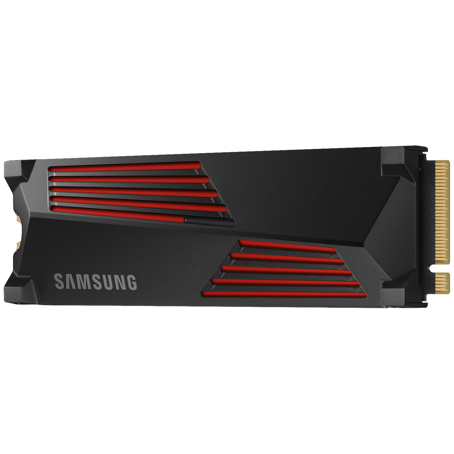 Een zwarte Samsung SSD met rode strepen en een gouden connector.