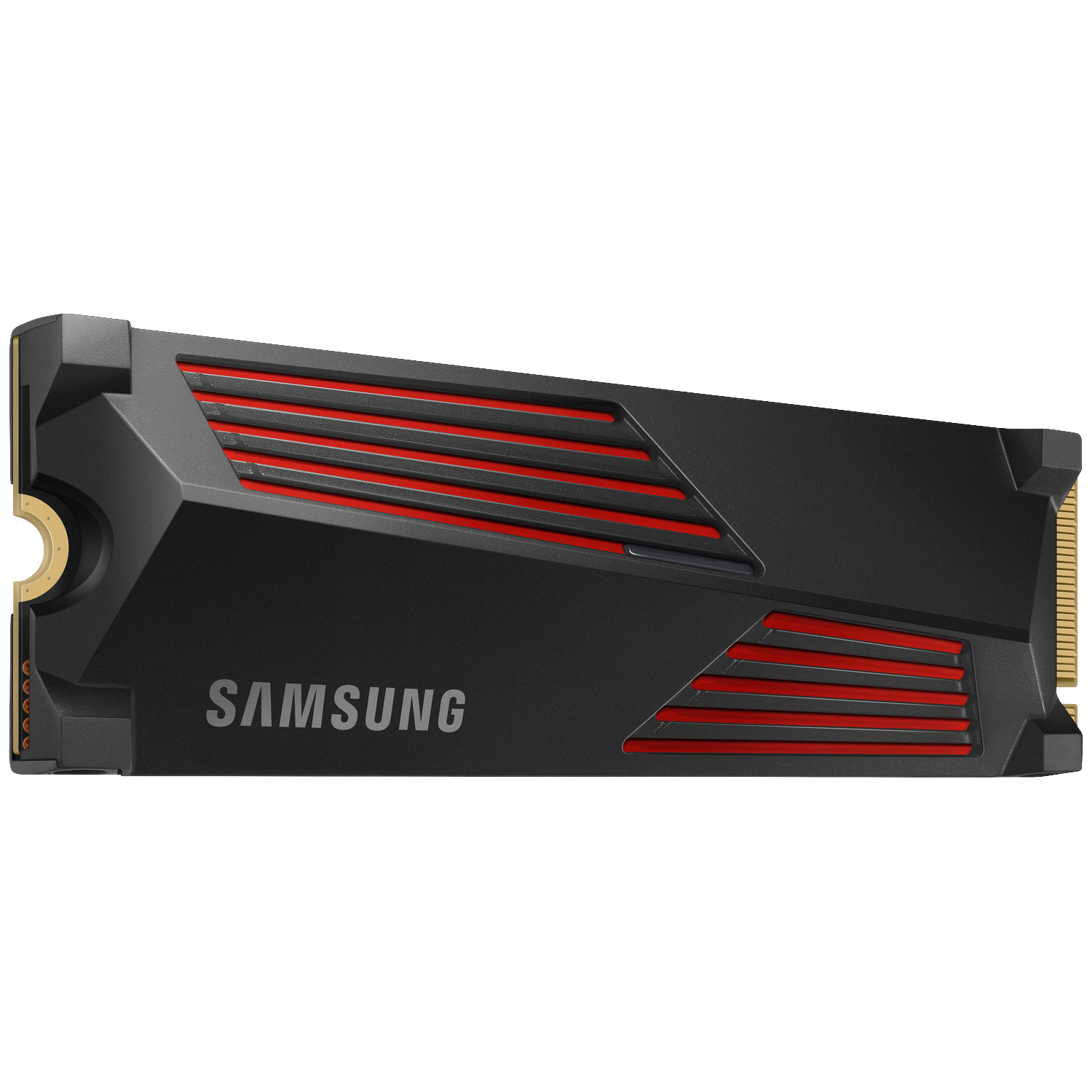 Zwarte Samsung SSD met rode ventilatieopeningen en gouden connectoren. Witte achtergrond.