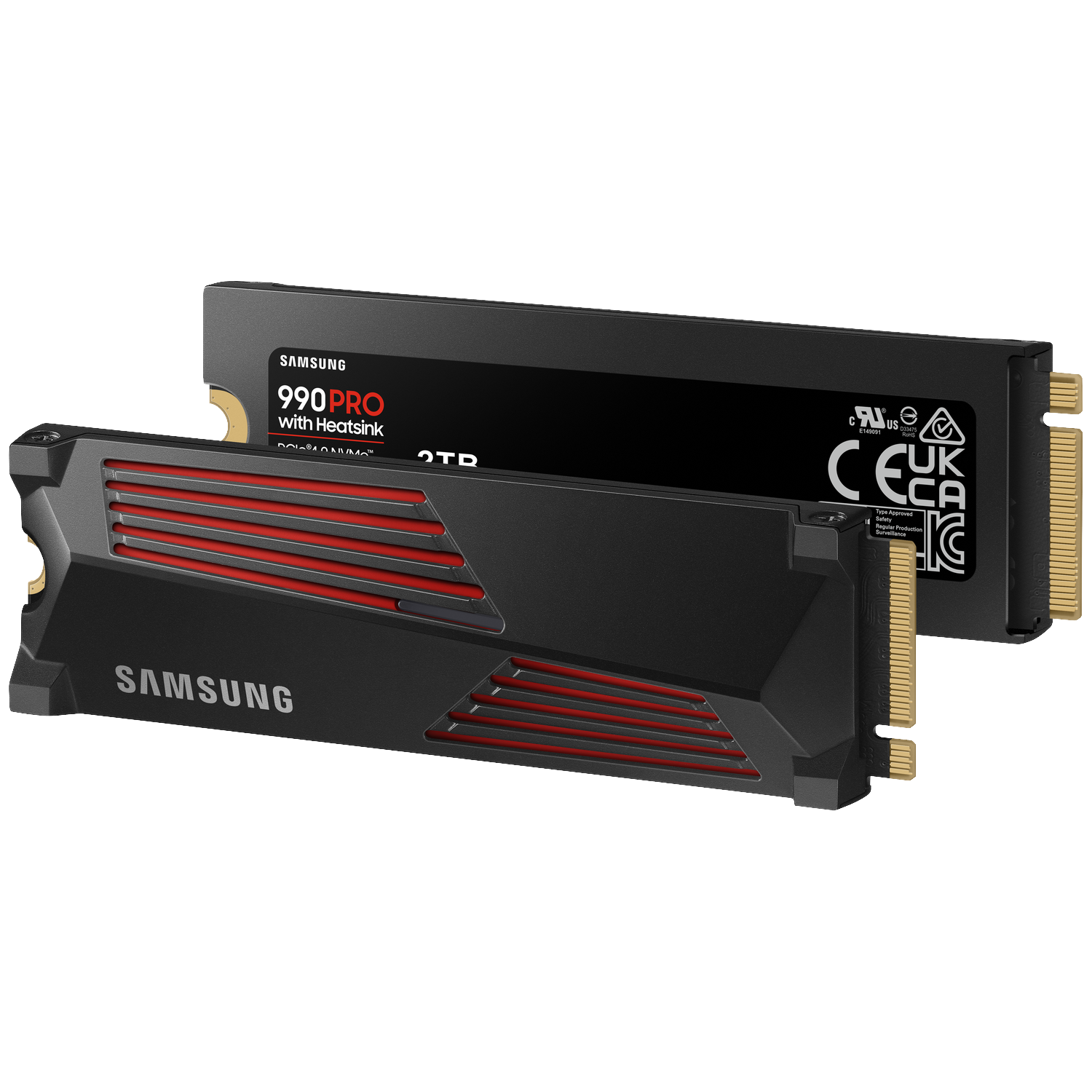 Twee zwarte Samsung 990 Pro 2TB SSD's met heatsinks, één voor met rode accenten.