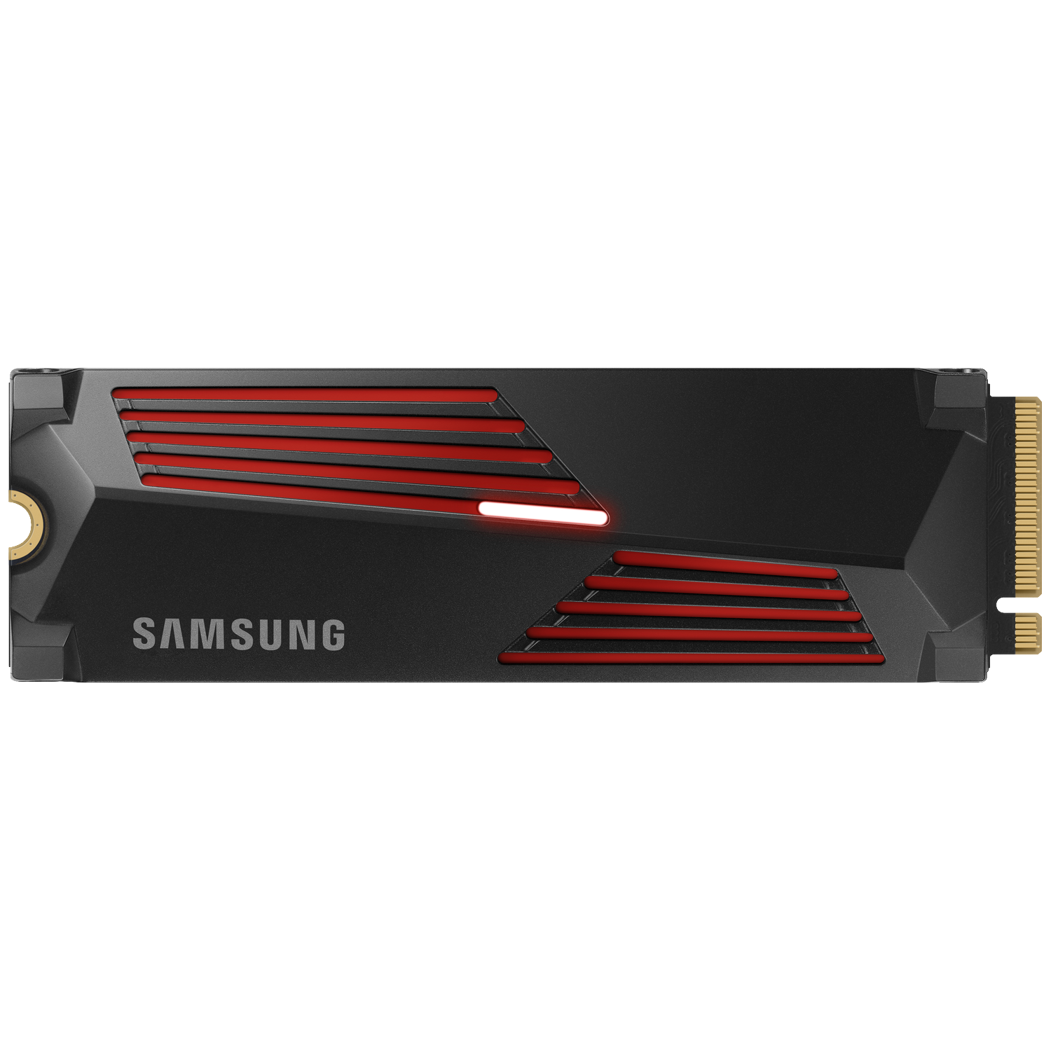 Zwarte Samsung SSD met rode strepen en gouden connector.