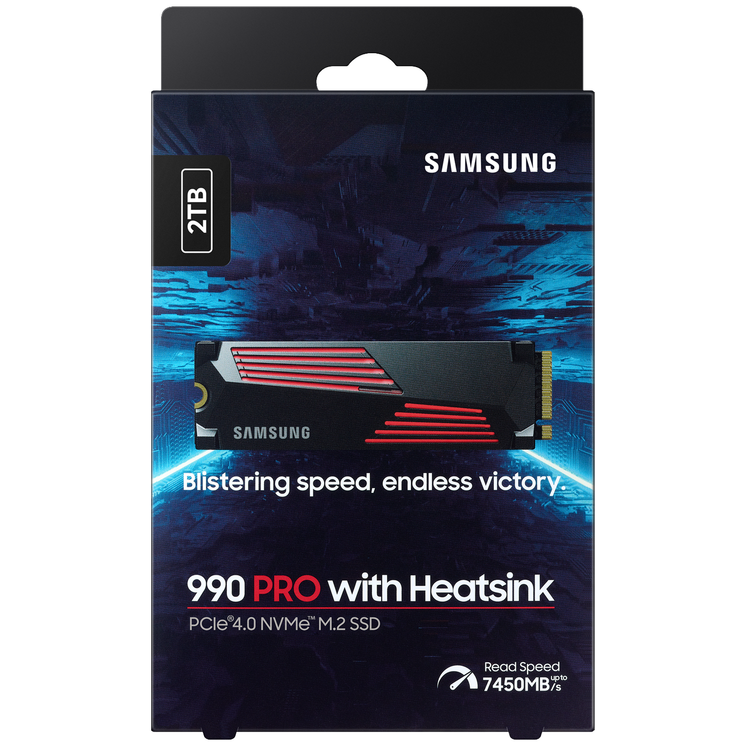 Samsung 2TB 990 PRO M.2 SSD met koellichaam verpakking, toont SSD en leessnelheid.