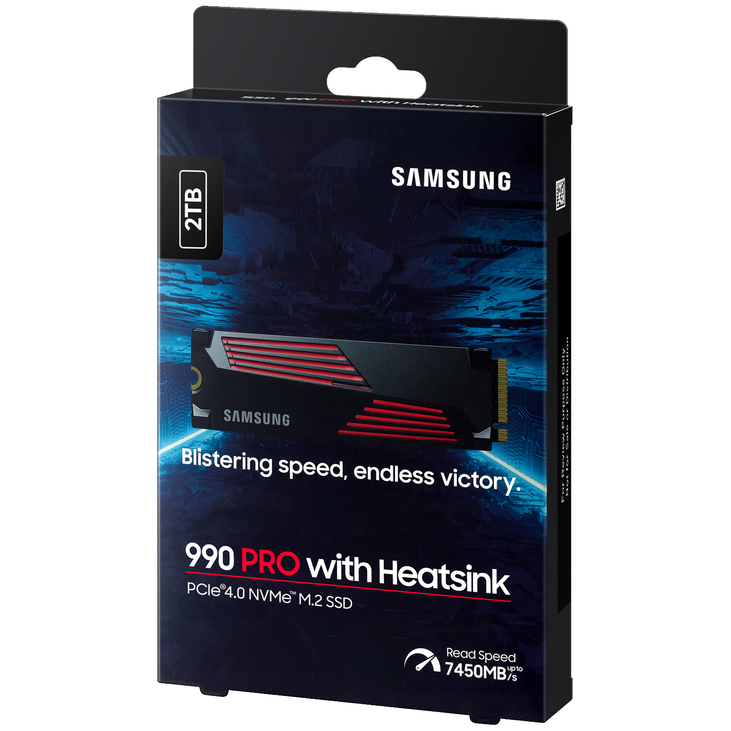 Samsung 990 PRO 2TB SSD verpakking met heatsink en snelheidsindicator.