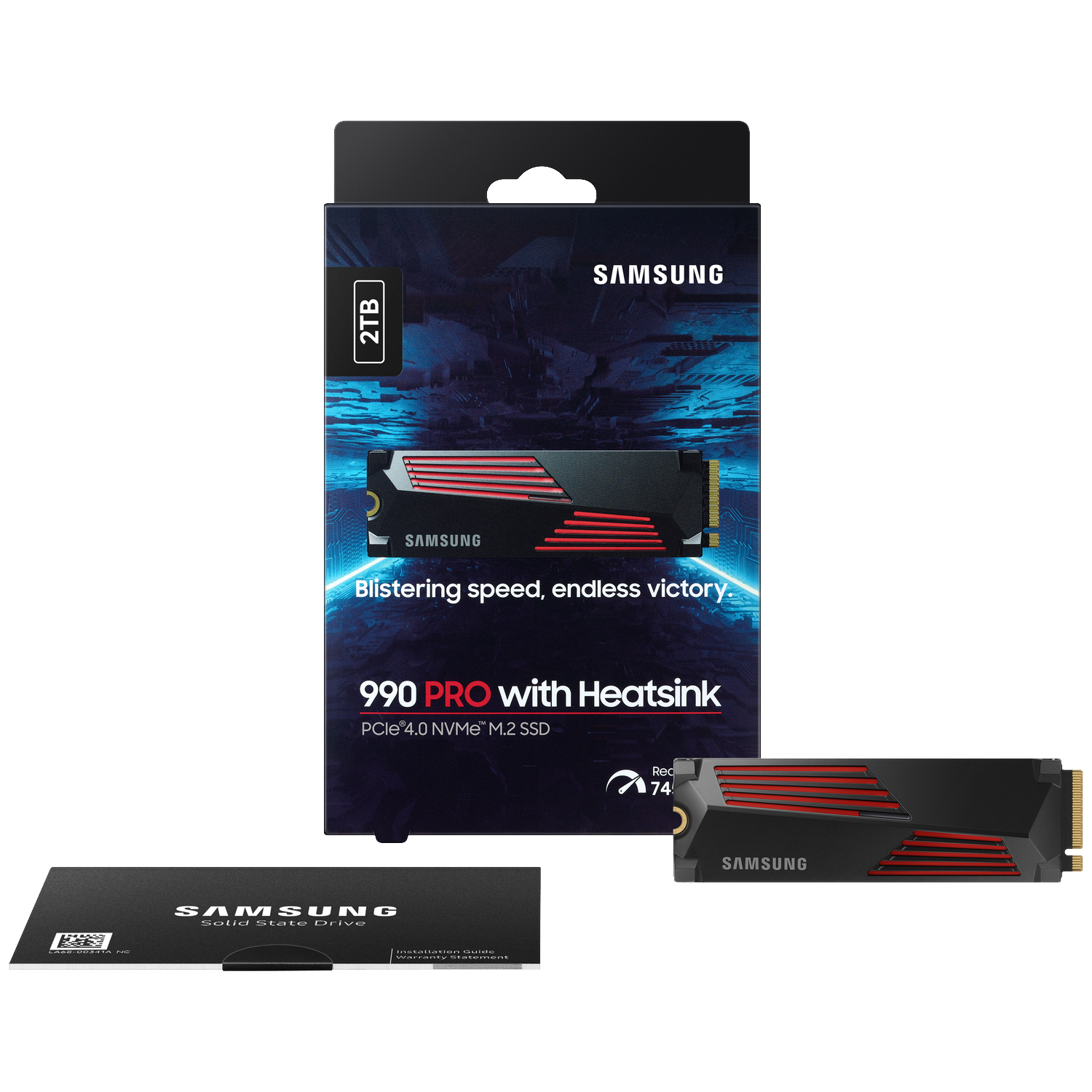 Samsung 990 PRO 2TB M.2 SSD met koellichaam, verpakking en handleiding.