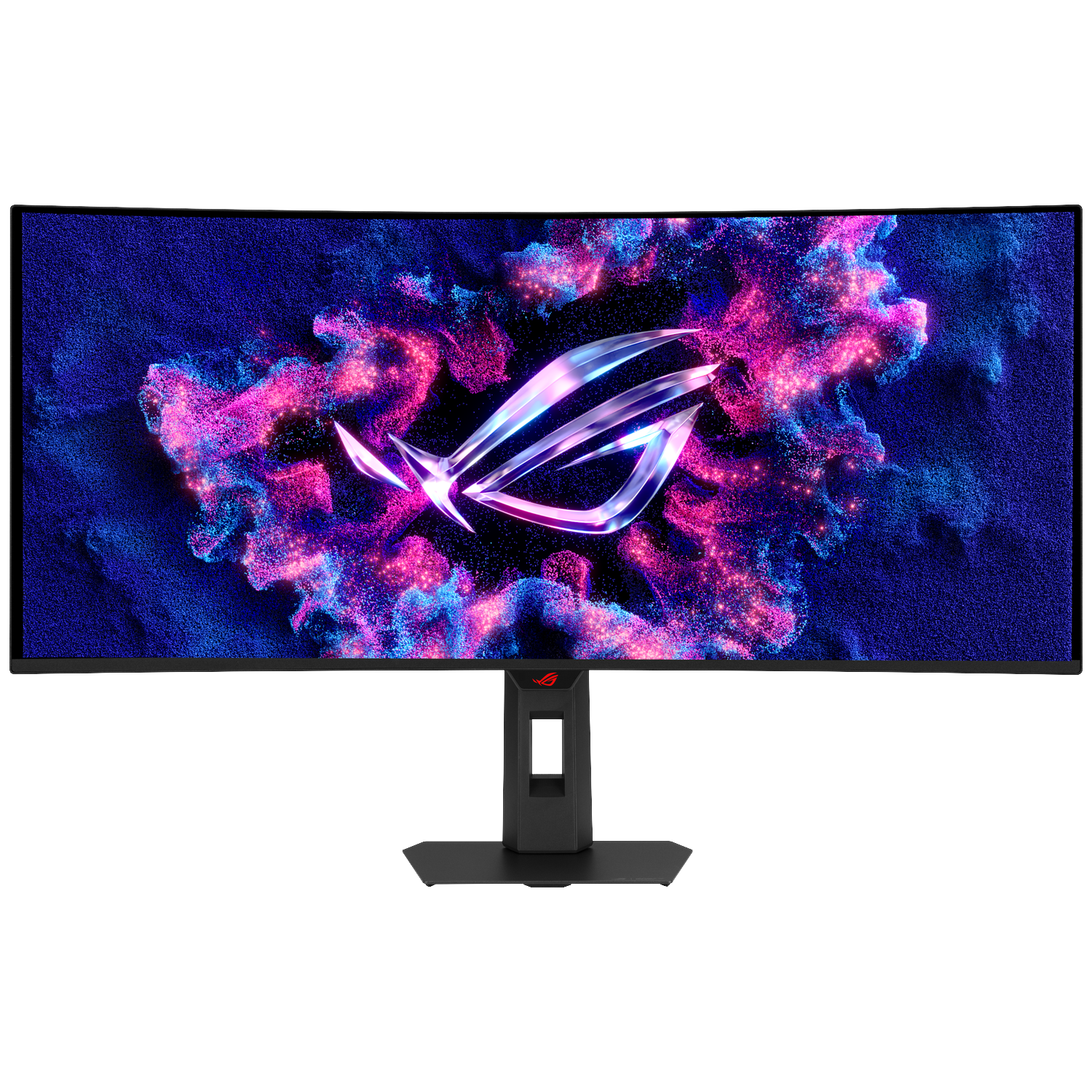 Brede gaming monitor met ROG-logo tegen achtergrond van blauwe en roze deeltjes.