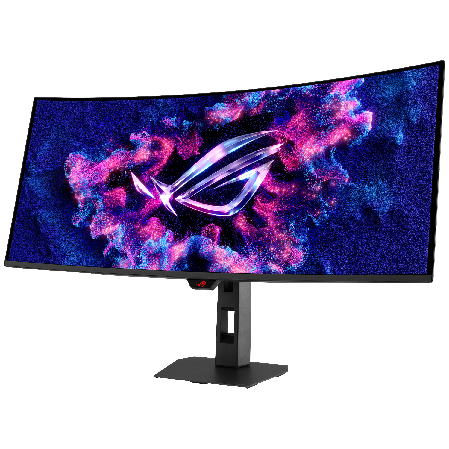 Gebogen monitor met een gloeiend ROG-logo op een levendige roze en blauwe deeltjesachtergrond.