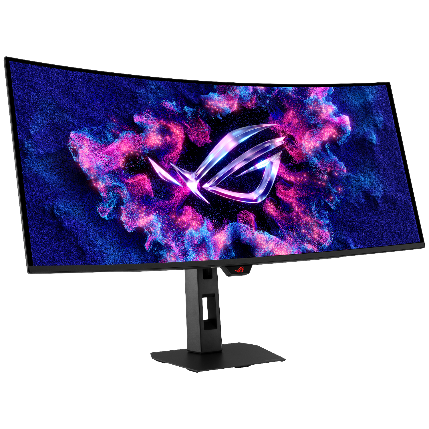 Een gebogen gamingmonitor toont het ROG-logo tegen een achtergrond van blauwe en roze deeltjes.