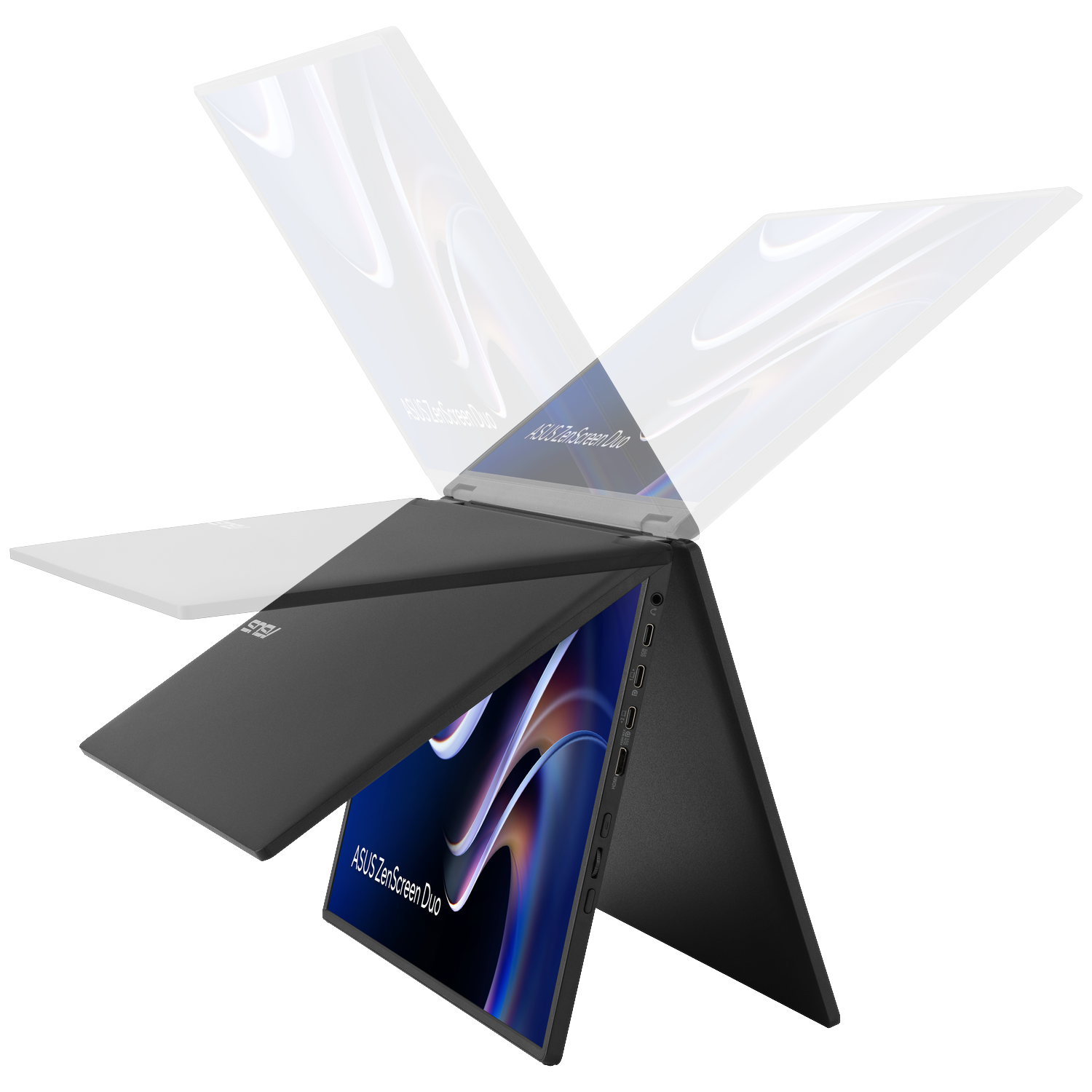 Un ordinateur portable Asus ZenScreen Duo noir avec double écran ouvert.