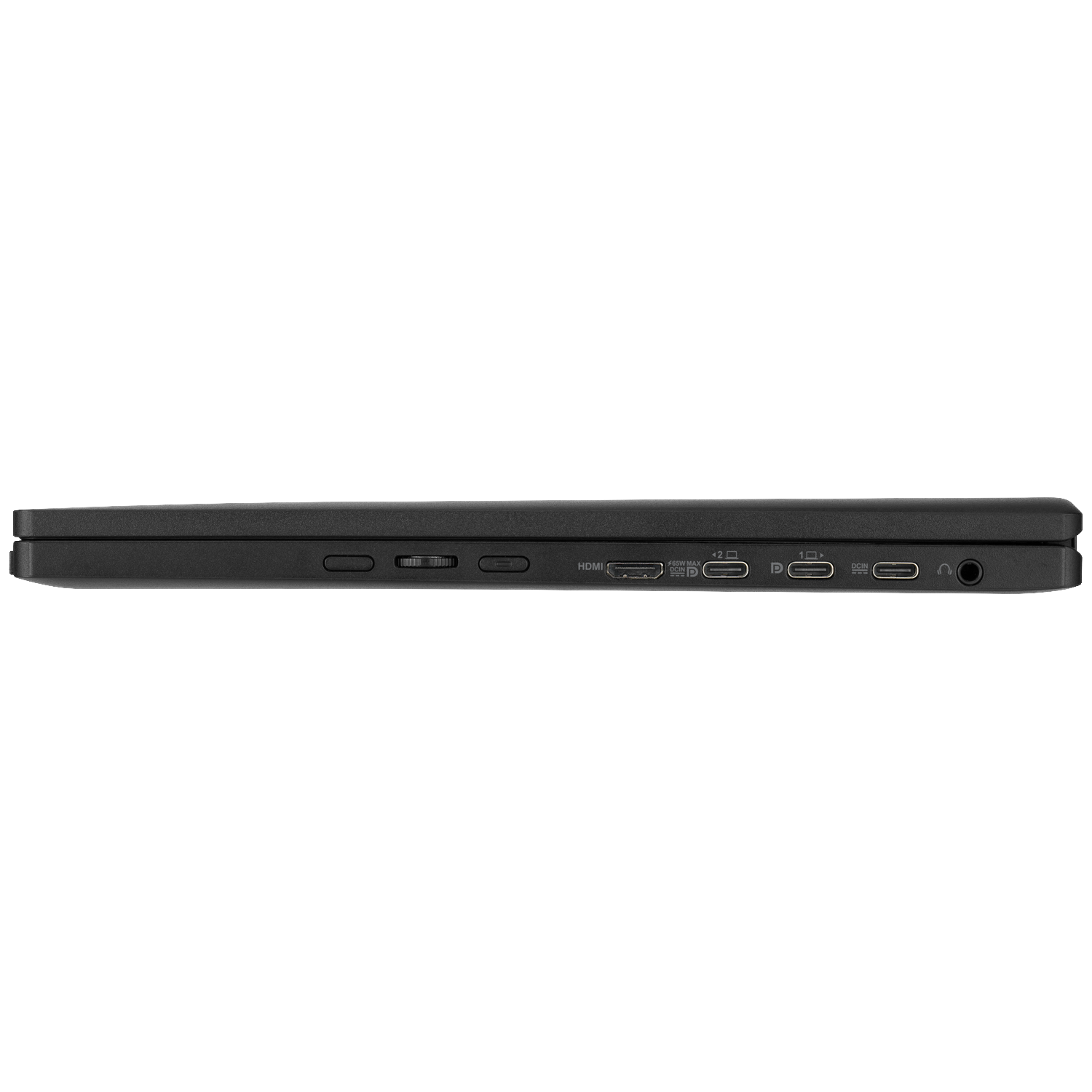 Bord d'ordinateur portable noir avec ports : HDMI, USB-C, DCIN et prise casque.