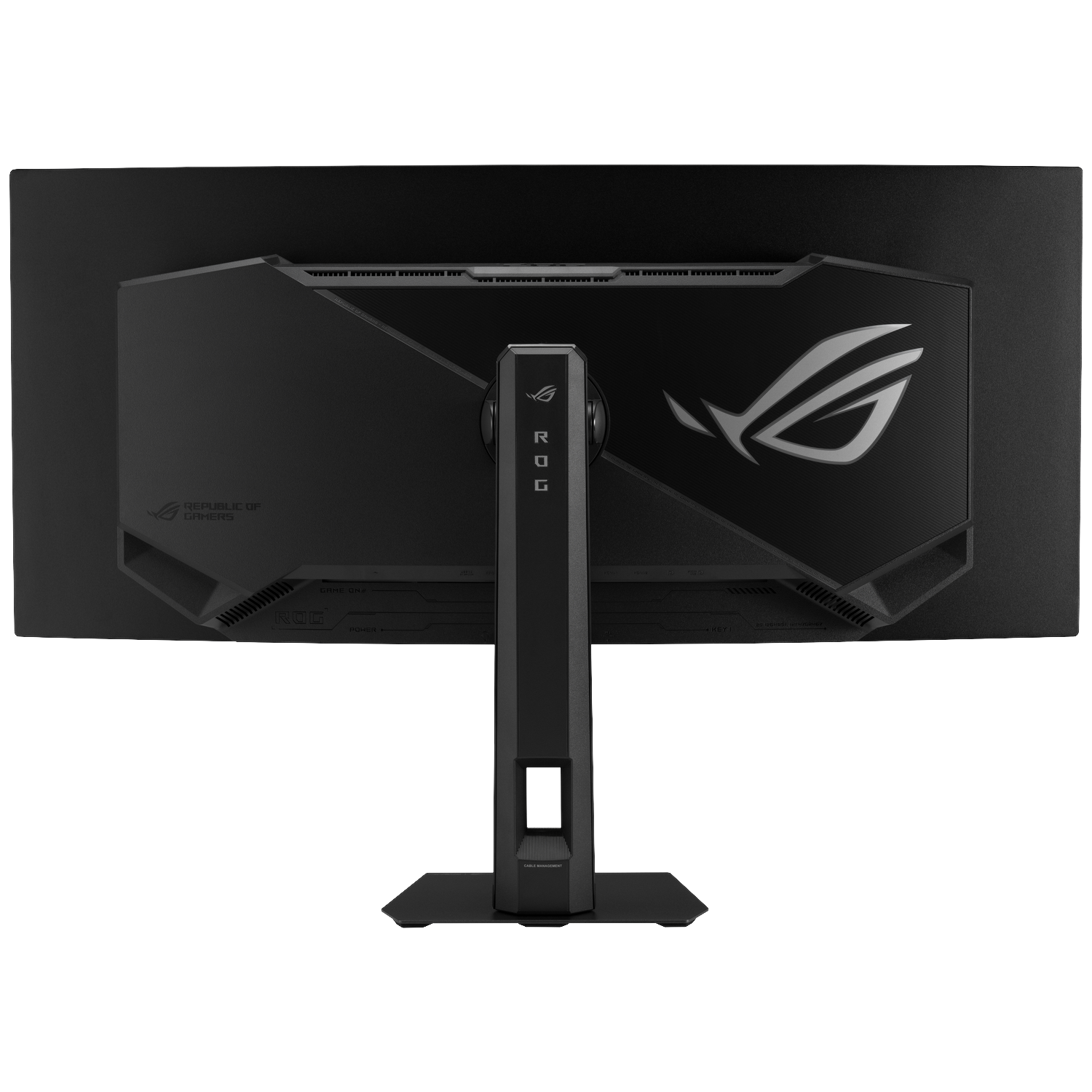 Achterkant van een zwarte monitor met ROG-logo en standaard.