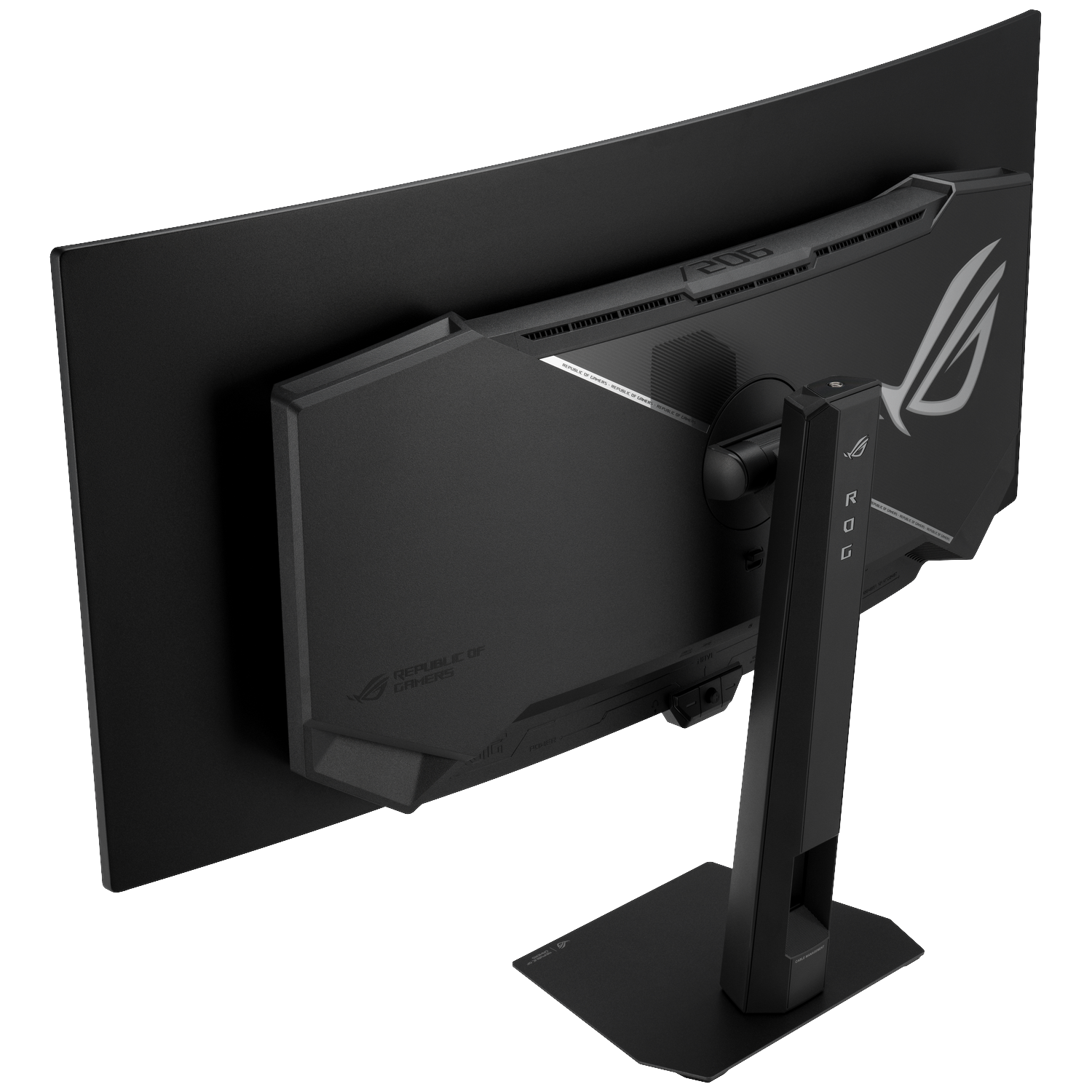 Achterkant van een zwarte gebogen gamingmonitor met ROG-logo en standaard.