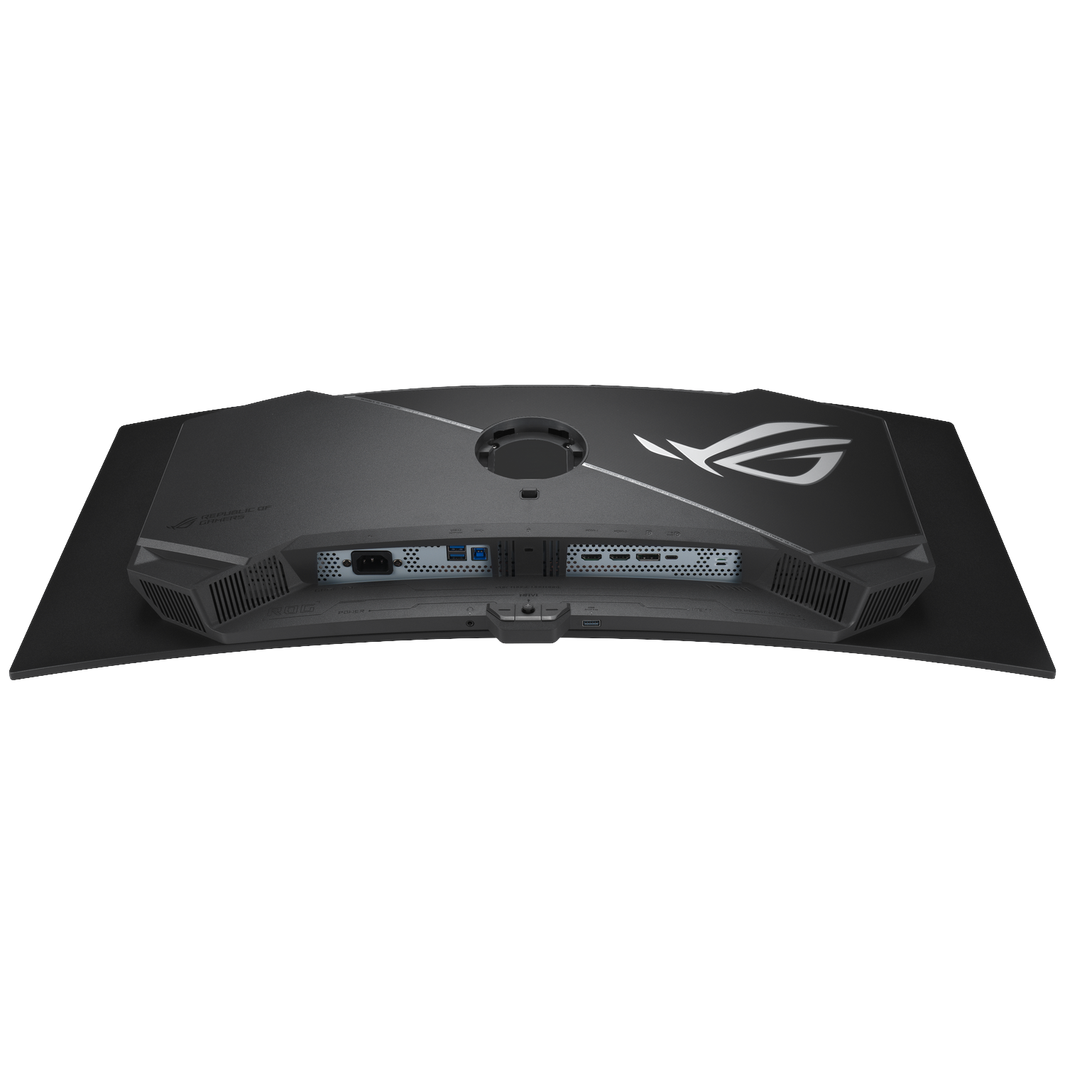 Achterkant van een zwarte gebogen monitor met poorten en ROG-logo.